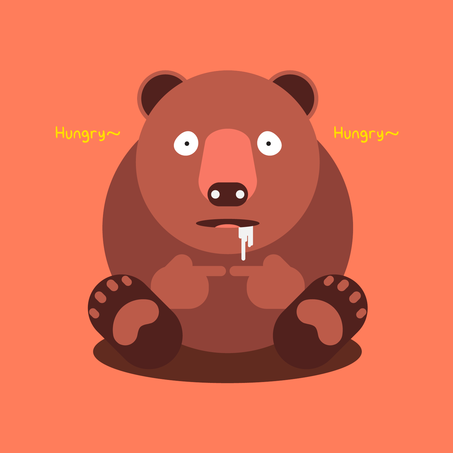 A cartoon illustration of a brown bear with wide eyes, drool coming from its mouth, sitting with its paws on its belly, with the words 'Hungry' written twice on either side of its head on an orange background.