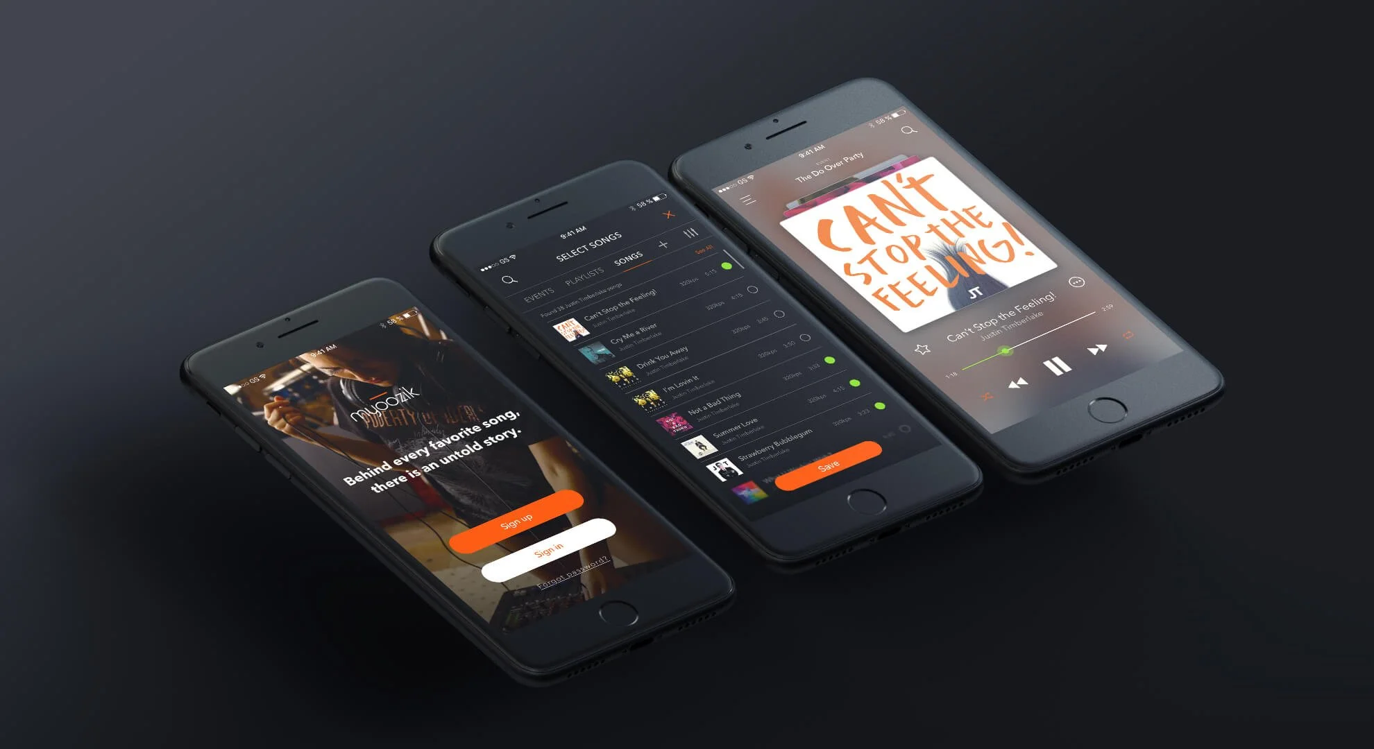Three smartphones on a dark surface displaying music streaming app screens, showing song playlists and album art.