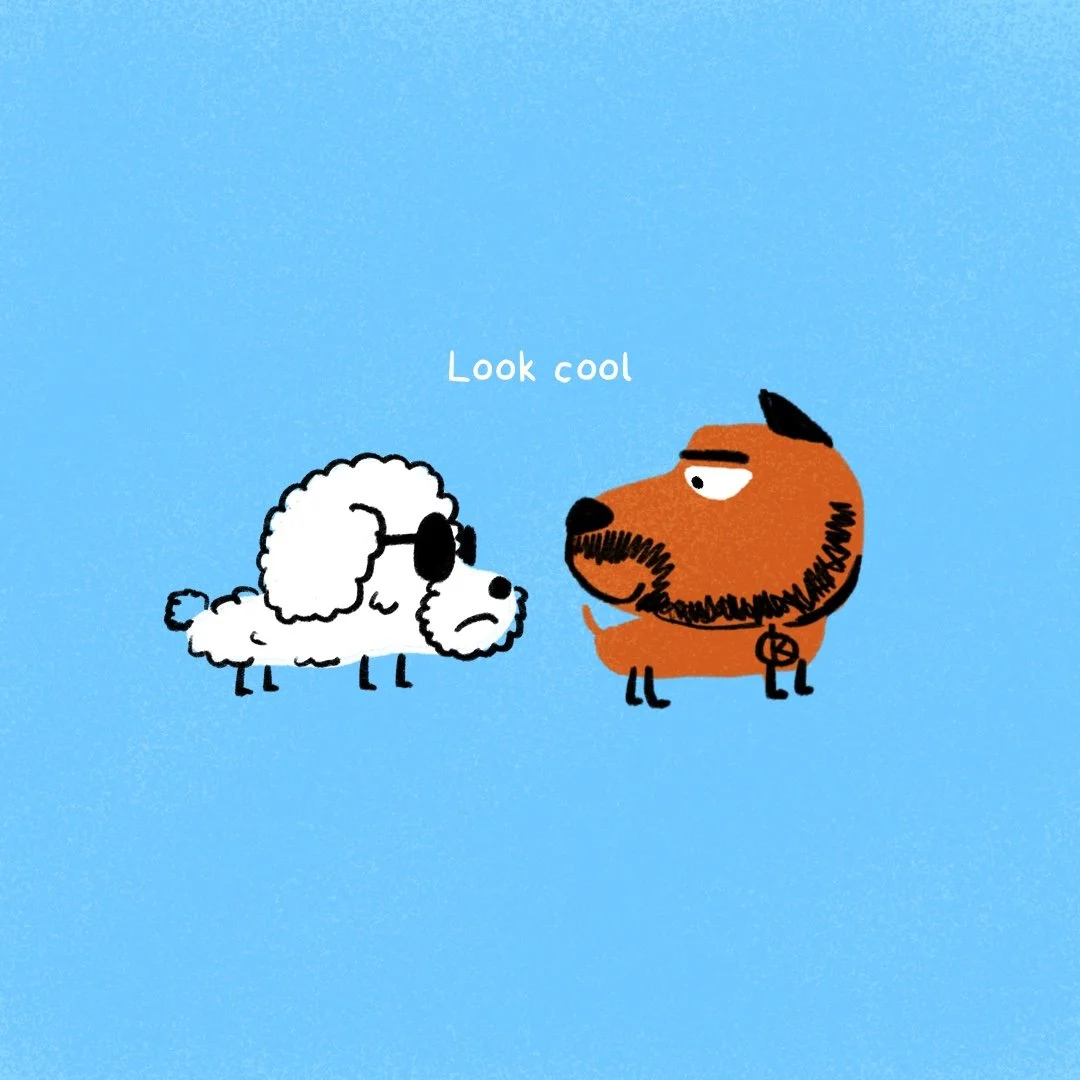 A cute cartoon illustration of a white poodle wearing sunglasses and a sad expression, and a brown dog with a beard and a neutral expression, with the words "Look cool" above them on a blue background.