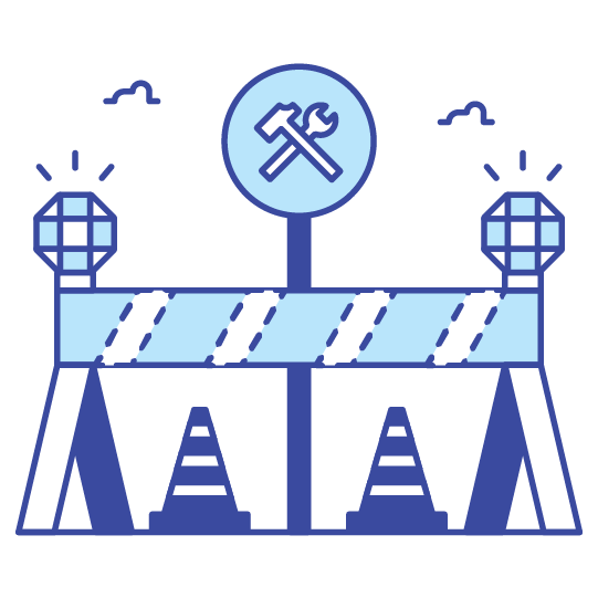 Illustration of a construction or roadblock with two barricades, lights on top, and a sign with a hammer and wrench indicating maintenance or repair work.