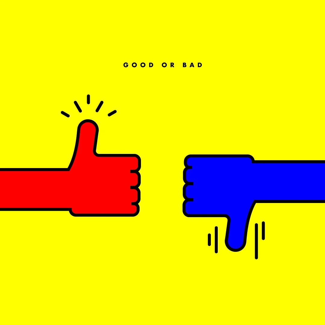 A digital illustration of a red thumbs up hand gesture on the left and a blue thumbs down hand gesture on the right against a yellow background. The phrase "Good or Bad" is written above.