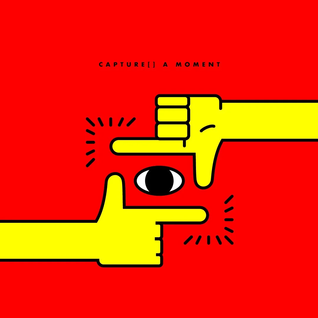 Animated illustration of two yellow hands pointing at each other with a black and white eye between them against a red background, with the text 'Capture a Moment' at the top.