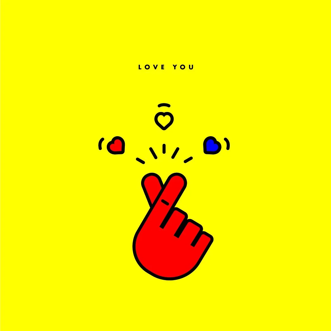 A yellow background with a red hand gesture holding two hearts and three smaller hearts in red, yellow, and blue above it. The text 'LOVE YOU' is written above.