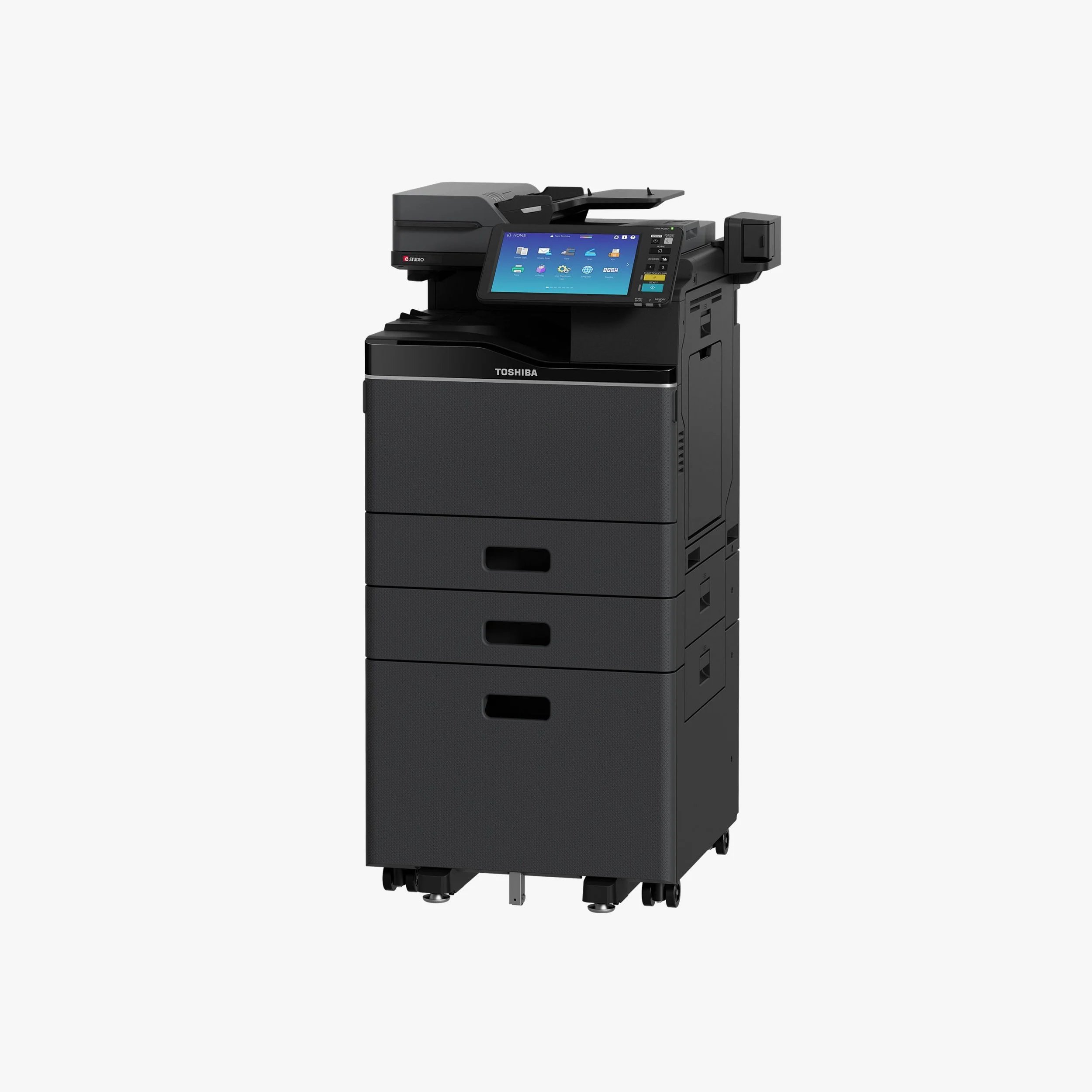 Black multi-function office copier and printer with a touchscreen display and multiple paper trays.