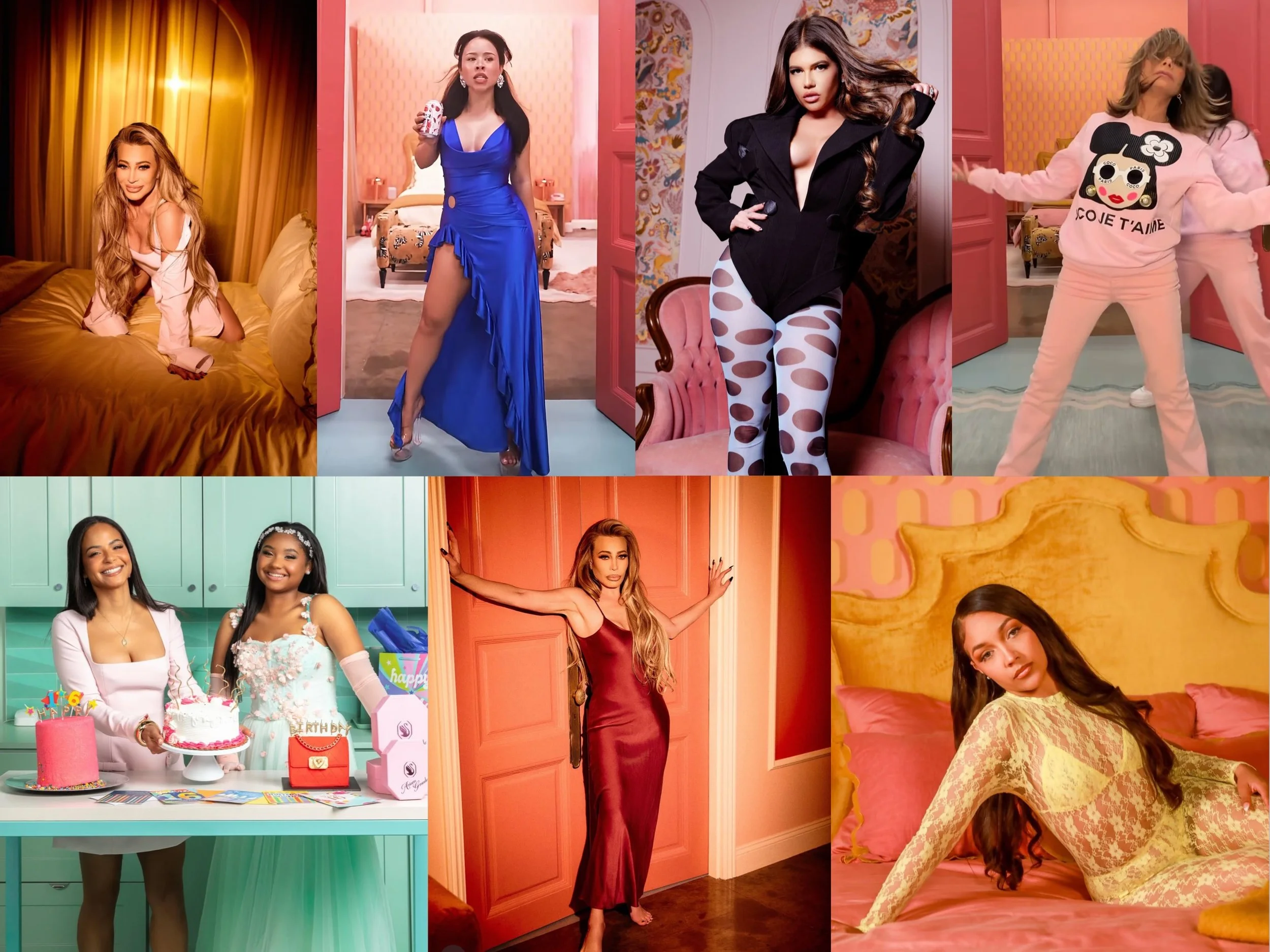 Collage of women in colorful and stylish outfits in various indoor settings, including bedrooms, a kitchen, and a festive birthday scene.
