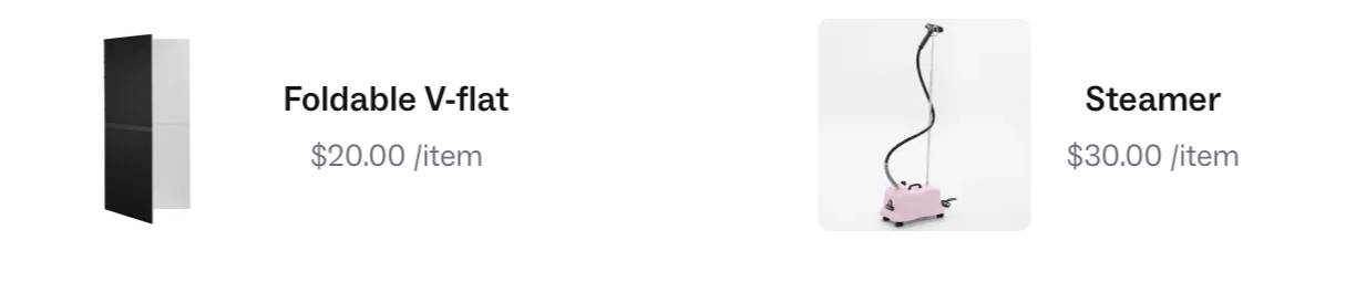 A black and white graphic of a foldable V-flat, priced at $20.00, next to a pink steamer with a black cord, priced at $30.00.