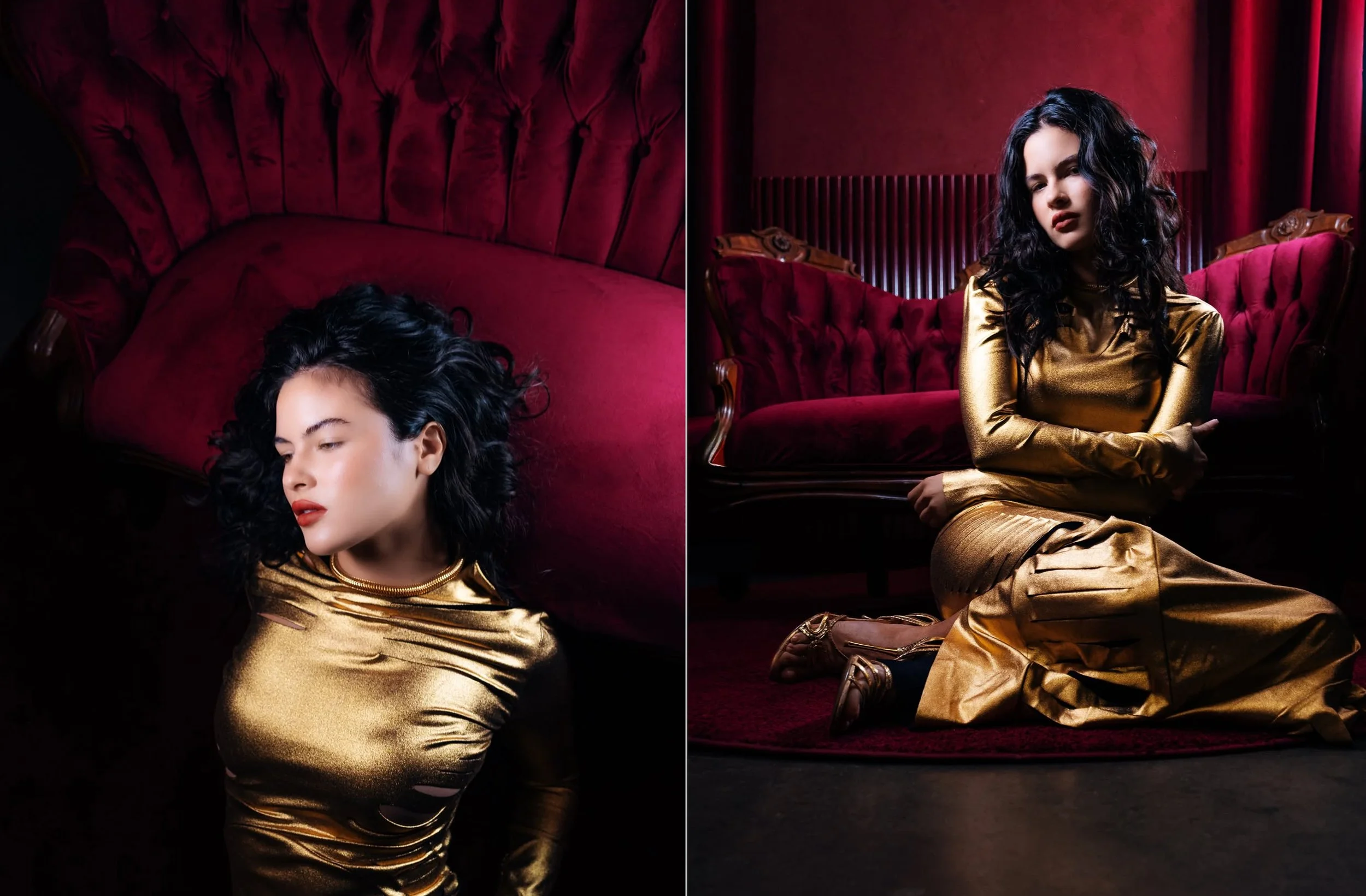 A diptych of a woman with curly black hair and fair skin in a gold dress, sitting on a vintage red velvet sofa in a dimly lit room with red curtains.