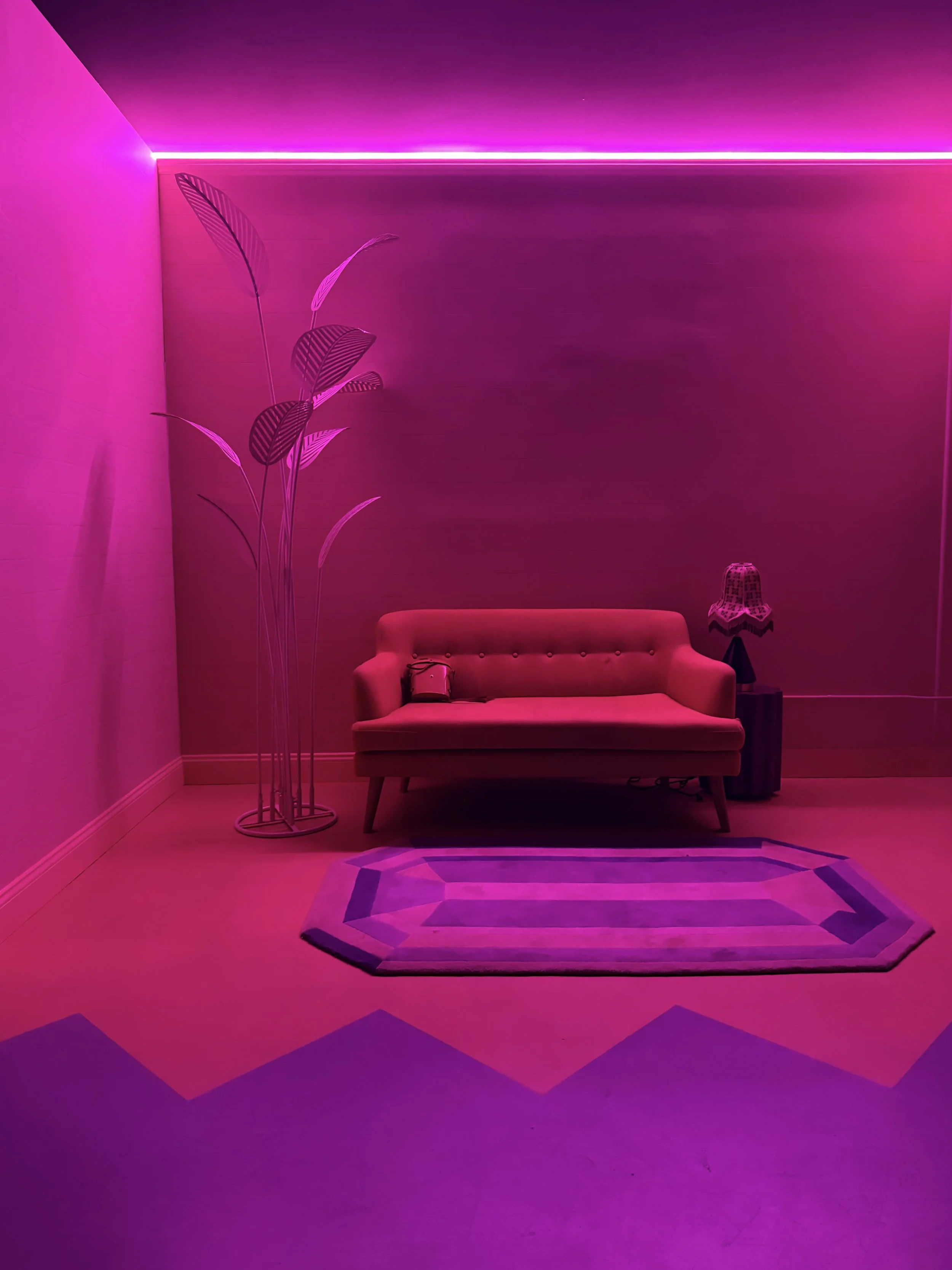Pink neon LED 1980's style set at StuSpaceLA in the Los Angeles Valley. Stu 1 offers safe free parking, ground floor load in and standing sets for rent. 