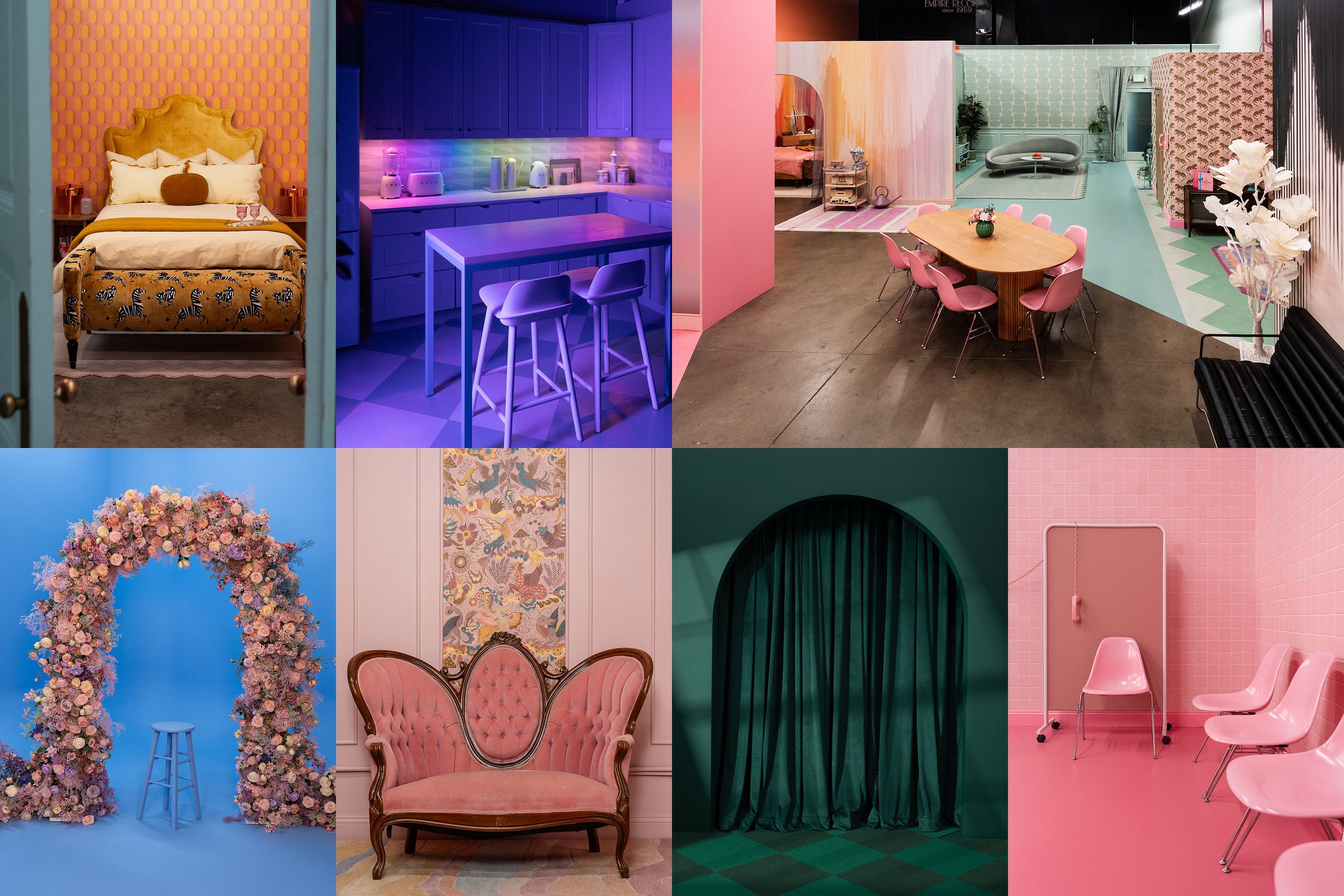 Collage of colorful interior scenes including a decorated bedroom with a yellow headboard, a neon-lit kitchen, a pink-themed dining area, a floral arch on a blue wall, vintage pink velvet chairs, and modern pink chairs in a pink room.