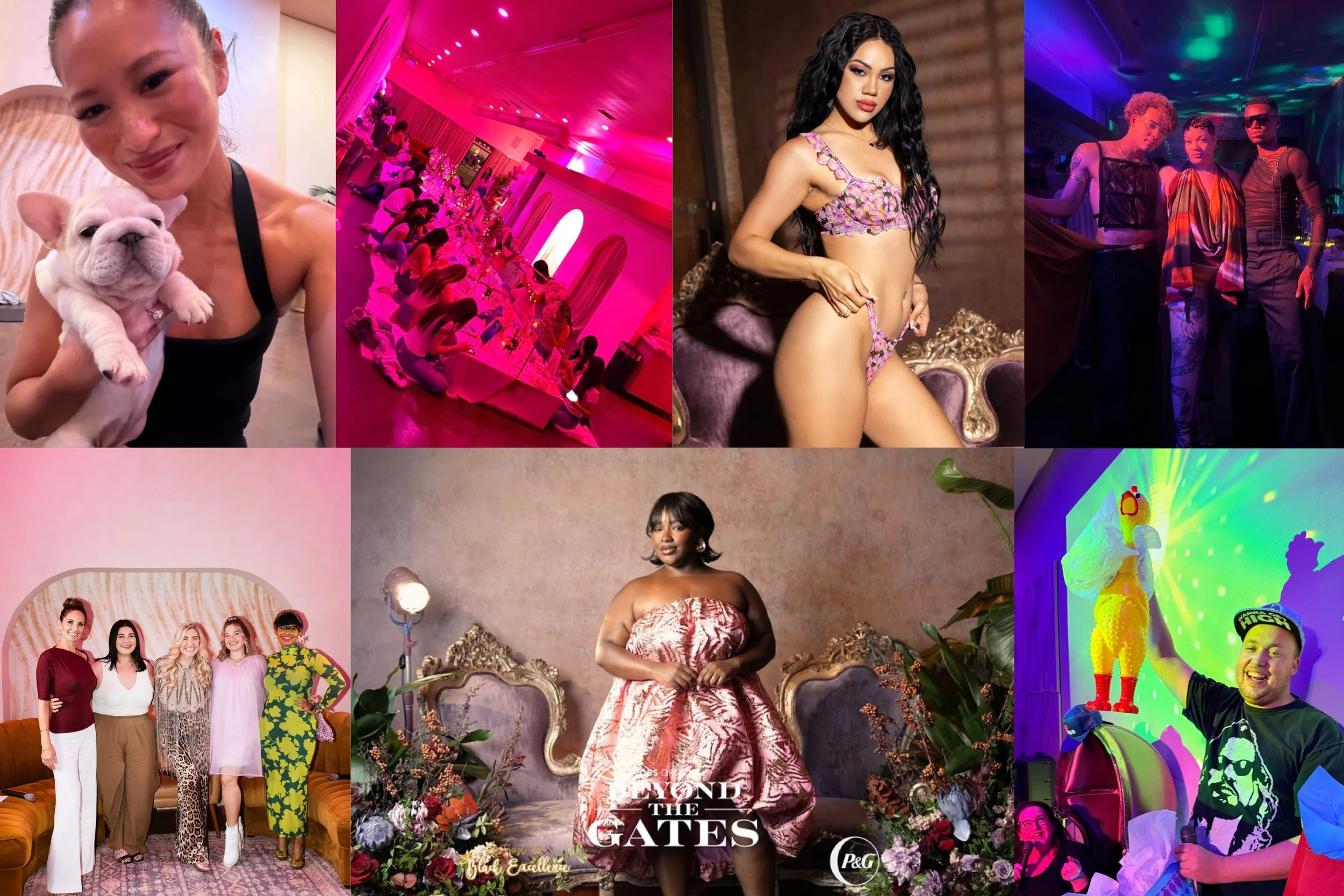 Collage of various people in different settings, including women at a celebration, a woman posing in a floral outfit, a group photo of women, and people at a cultural or entertainment event with vibrant lighting.