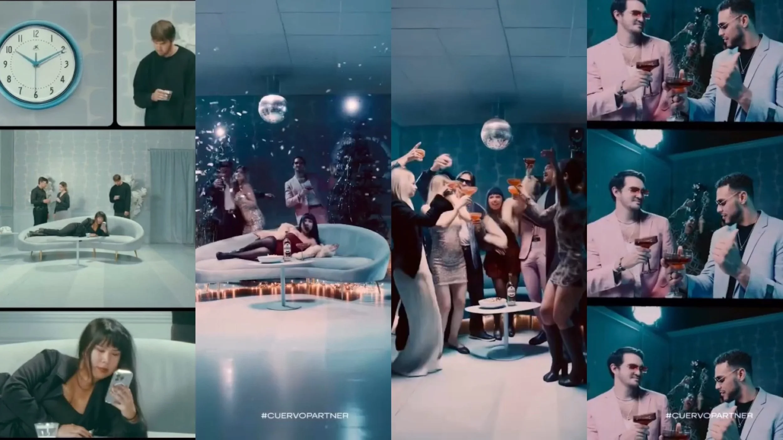 Collage of scenes from a lively party, showing people dancing, talking, and drinking cocktails in a modern indoor setting with disco balls, a large clock, and lounge furniture. Filmed at StuSpaceLA studios in Los Angeles