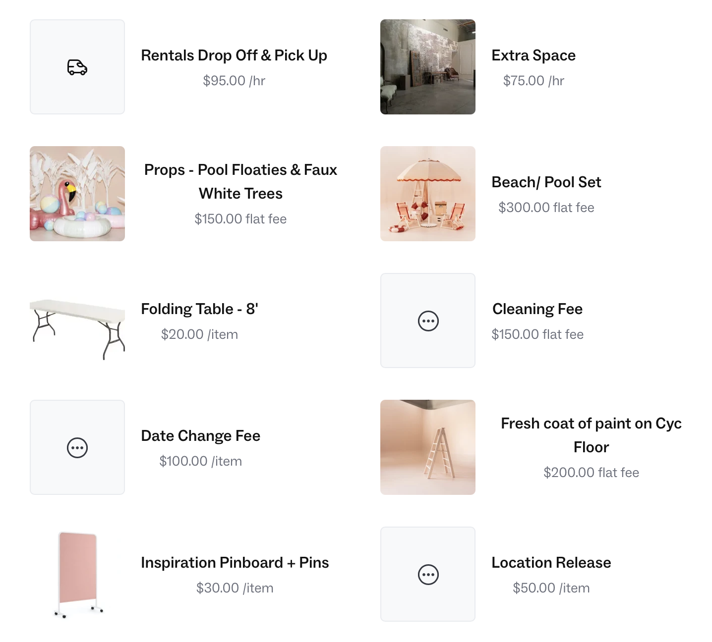 A rental services menu listing various items and their prices, including drop-off and pick-up, extra space, props, a beach pool set, folding table, cleaning fee, paint floor, and other items with images.