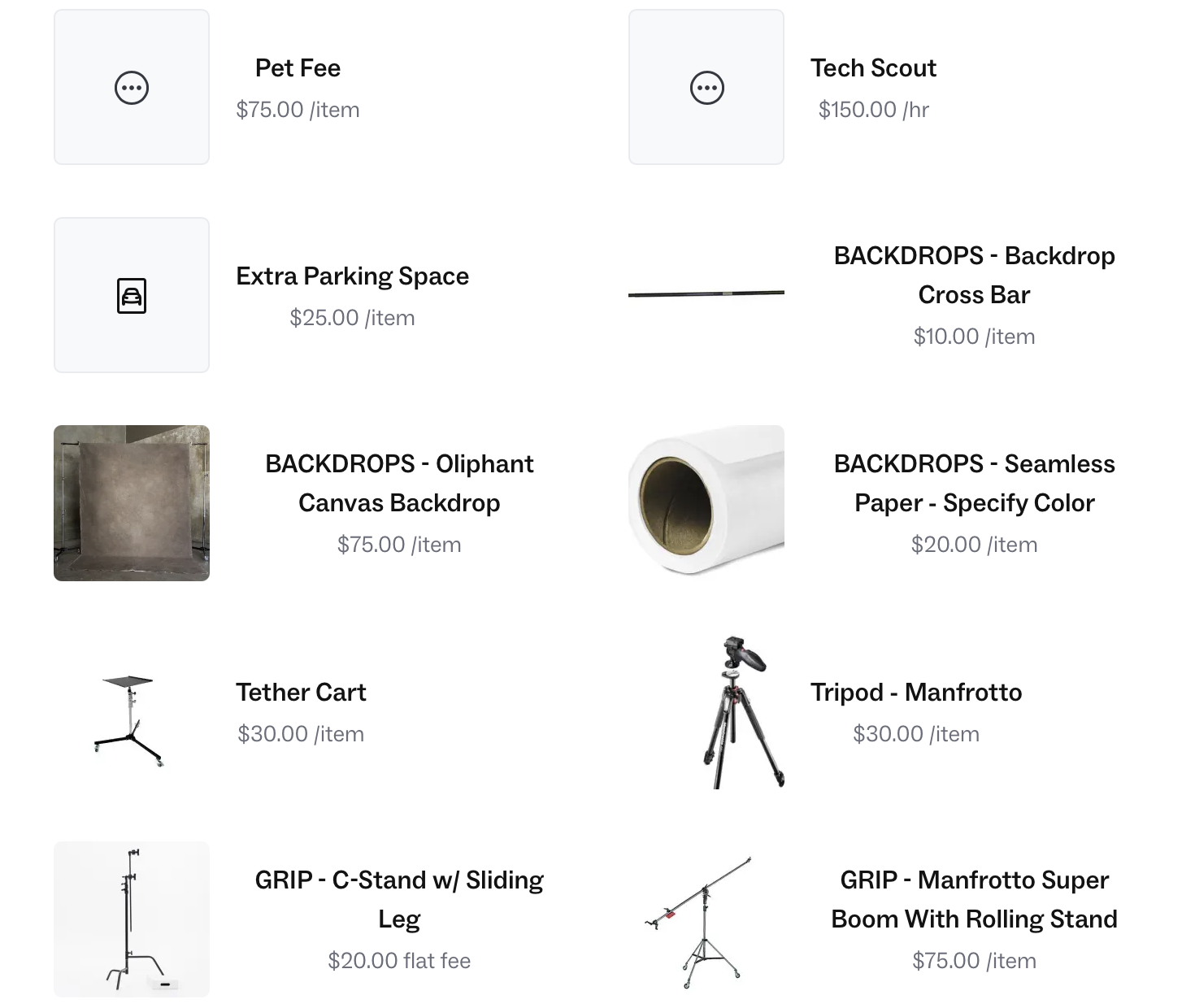 A product list with images, including pet fees, tech scout, extra parking space, various backdrops, a tether cart, tripod, and grip stands, with prices for each item.