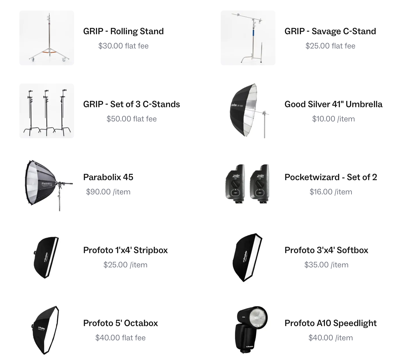 A catalog page displaying photography equipment, including light stands, umbrellas, softboxes, a speedlight, and accessories with prices.