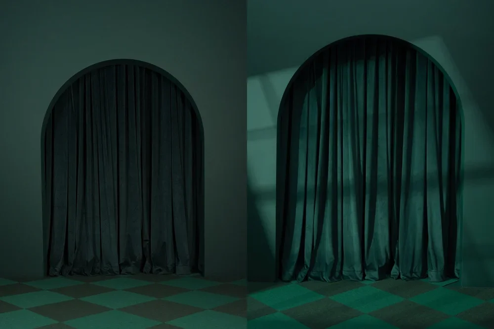 A pair of curtains hanging in an arched doorway with checkered floor, one on the left in shadow and one on the right illuminated.
