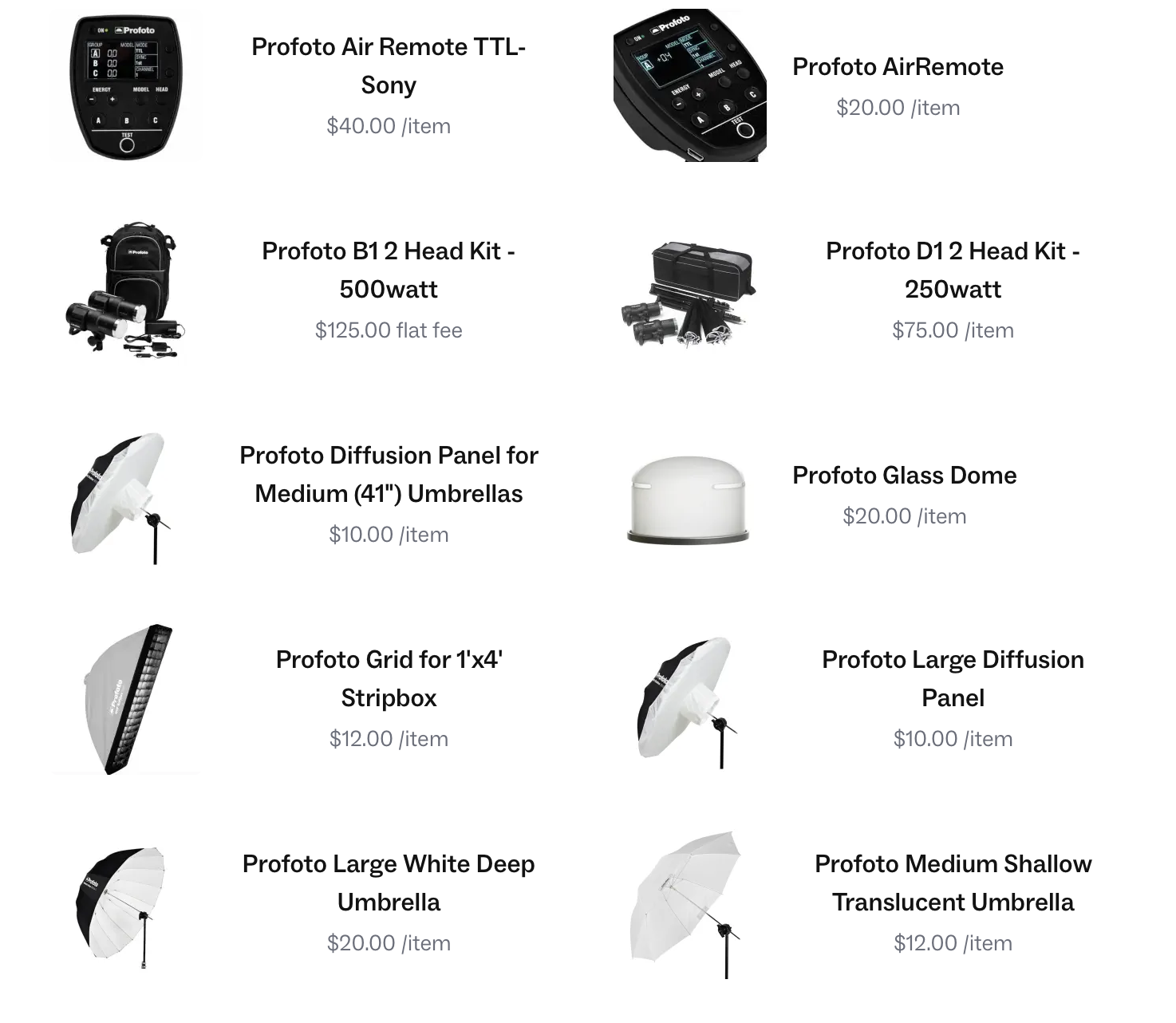 An online product catalog displaying photography equipment and accessories, including remote controls, head kits, diffusers, glass domes, stripbox, and umbrellas with prices.