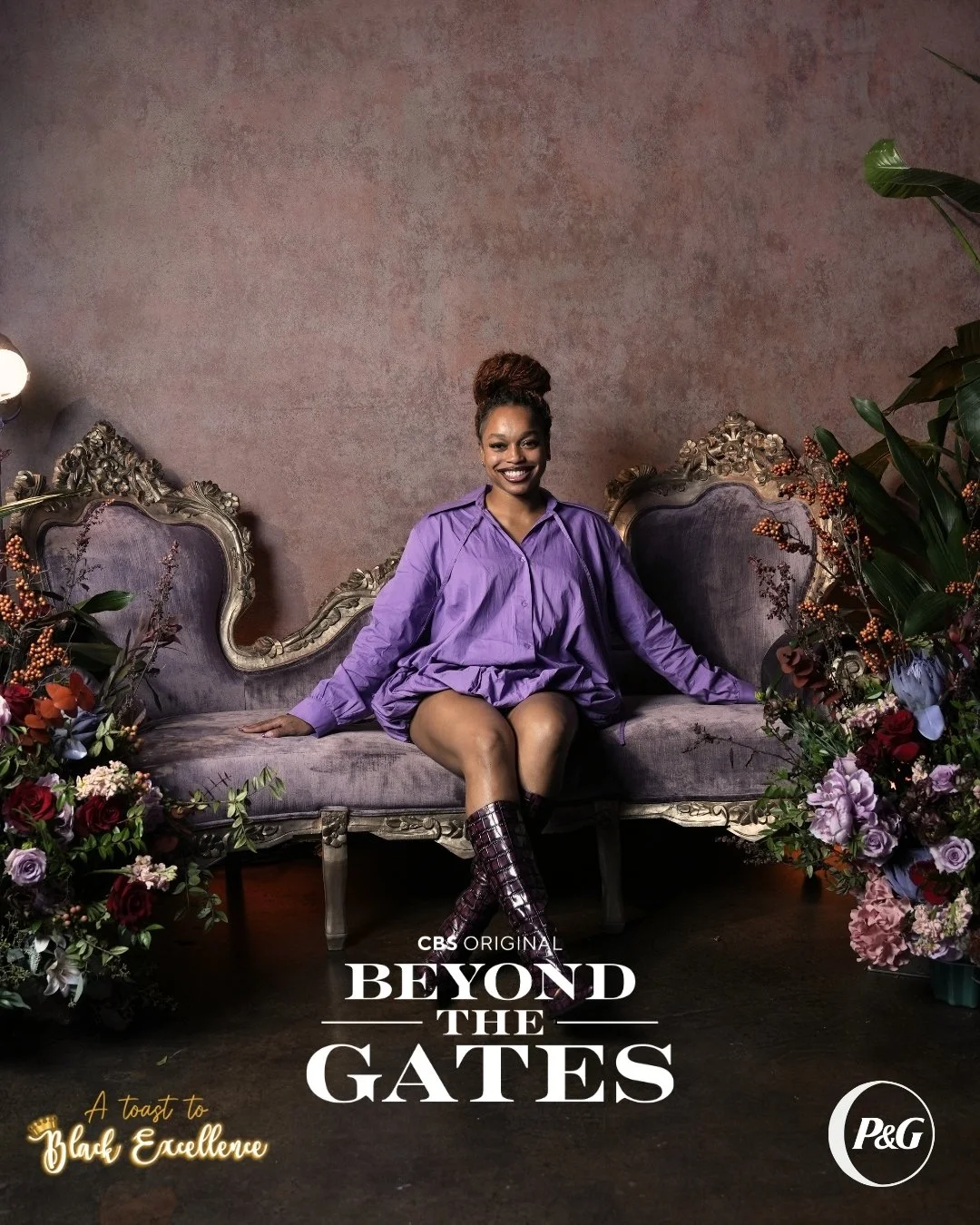 A woman sitting on a vintage purple sofa, smiling, surrounded by floral arrangements, with text overlay for 'Beyond the Gates' and P&G logo.