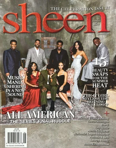 The cover of Sheen magazine featuring eight diverse models in elegant clothing posing in a stylish room, with headlines about beauty and fashion.