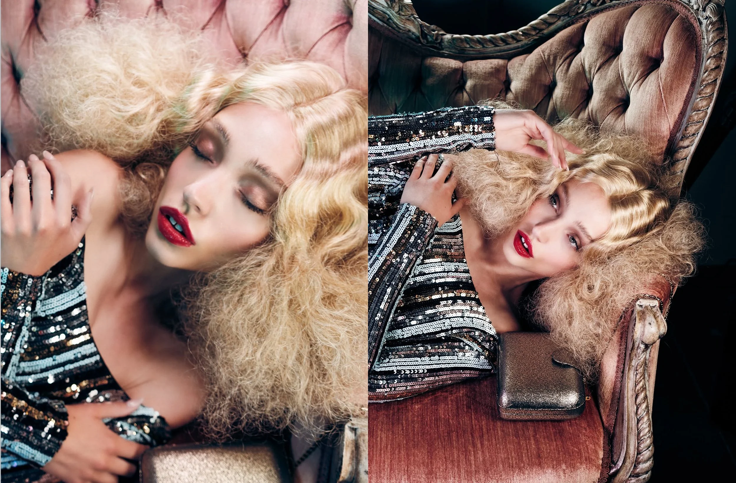A woman with curly blonde hair lying on a vintage pink upholstered sofa, wearing a black sequined top, with bright lipstick and makeup. The same woman is also lying on a vintage brown sofa, wearing the same outfit, and has the same hairstyle and make
