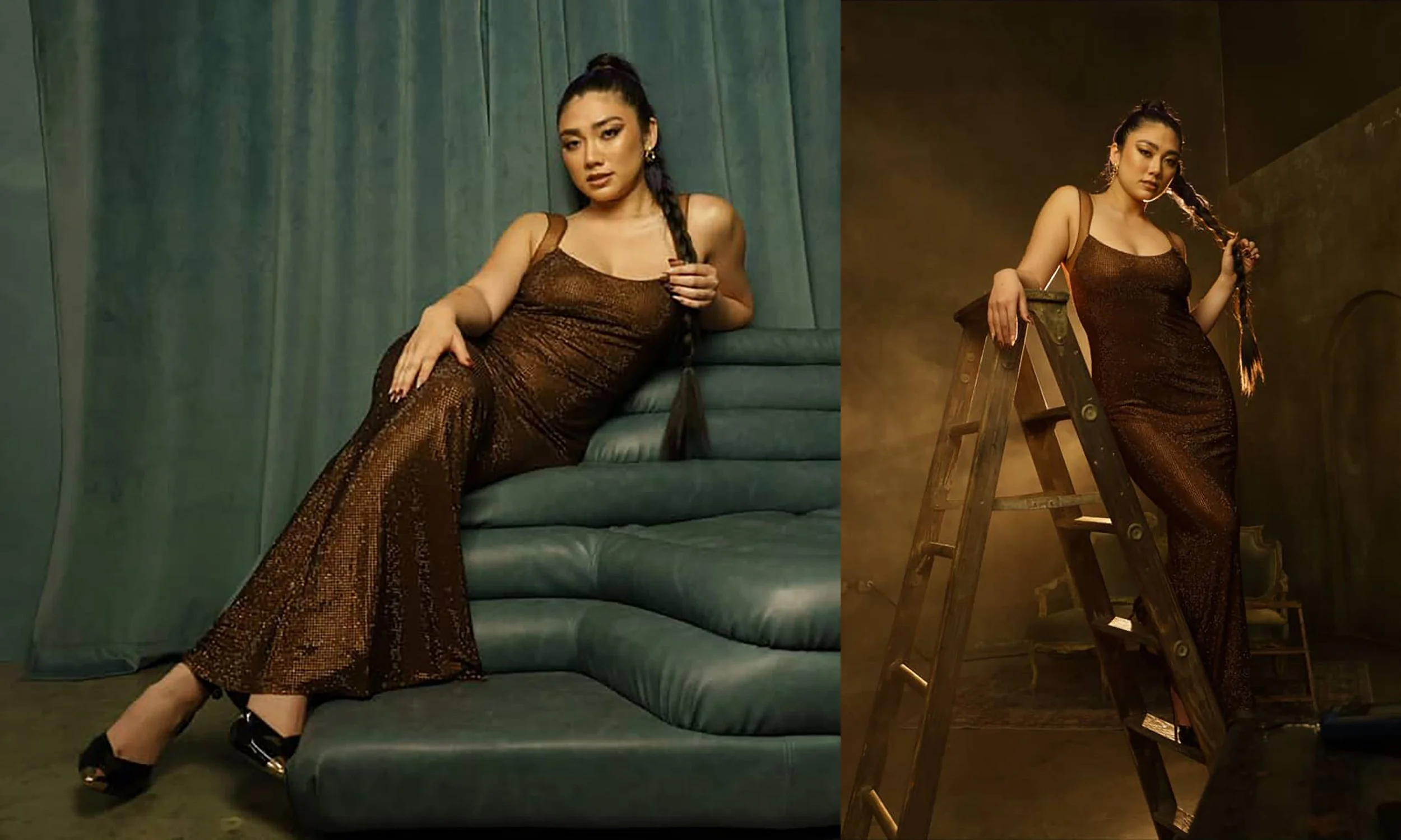 Young woman in a brown sparkling gown with a braid, sitting on a green sofa on the left and standing on a ladder with her braid on the right in a dimly lit room.