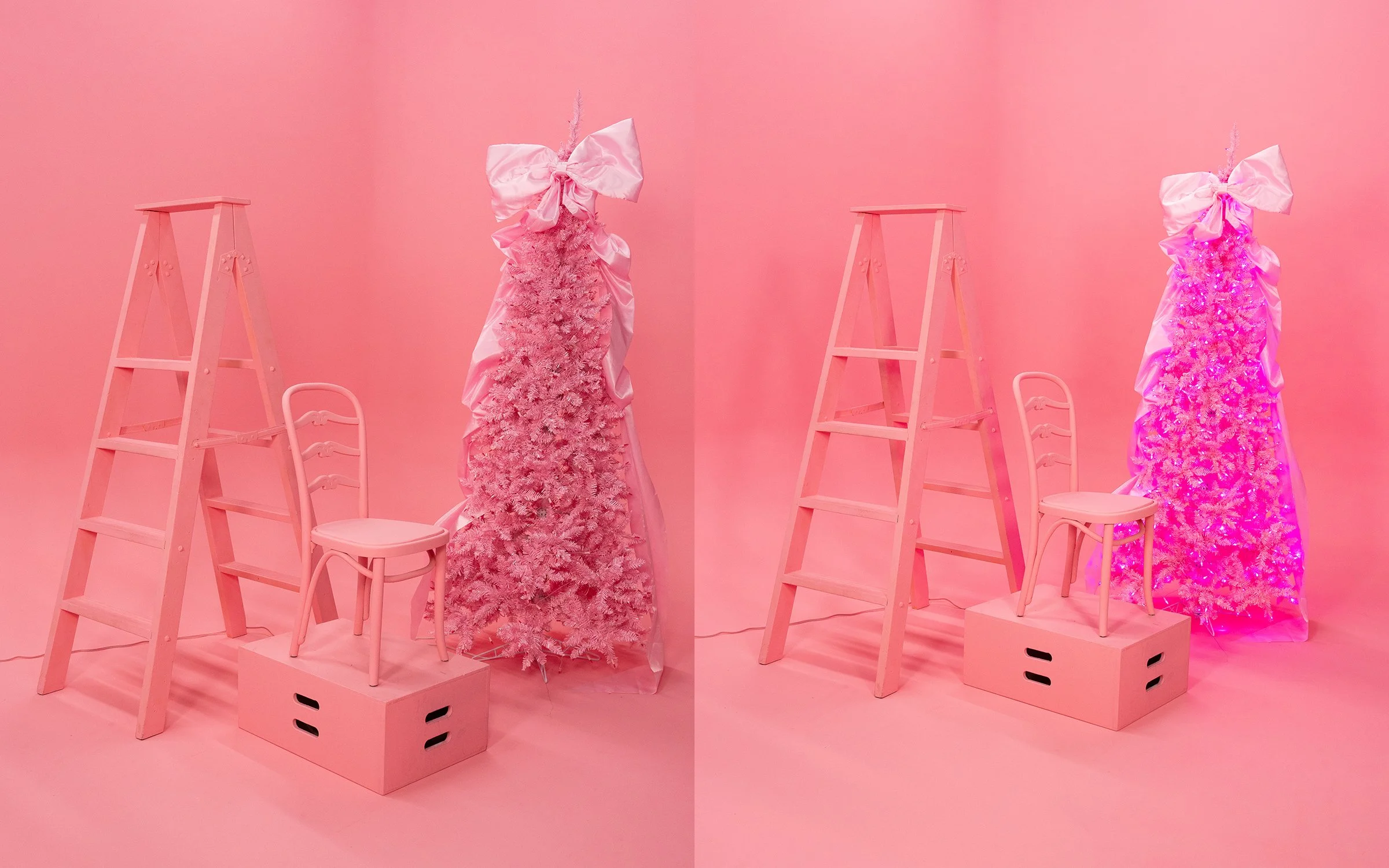 Pink Christmas scene with two artificial pink trees, one with big satin bow, and two yellows stools, wooden ladders, all against pink background. Holiday sets are here at StuSpaceLA for Christmas Advertising Campaigns.