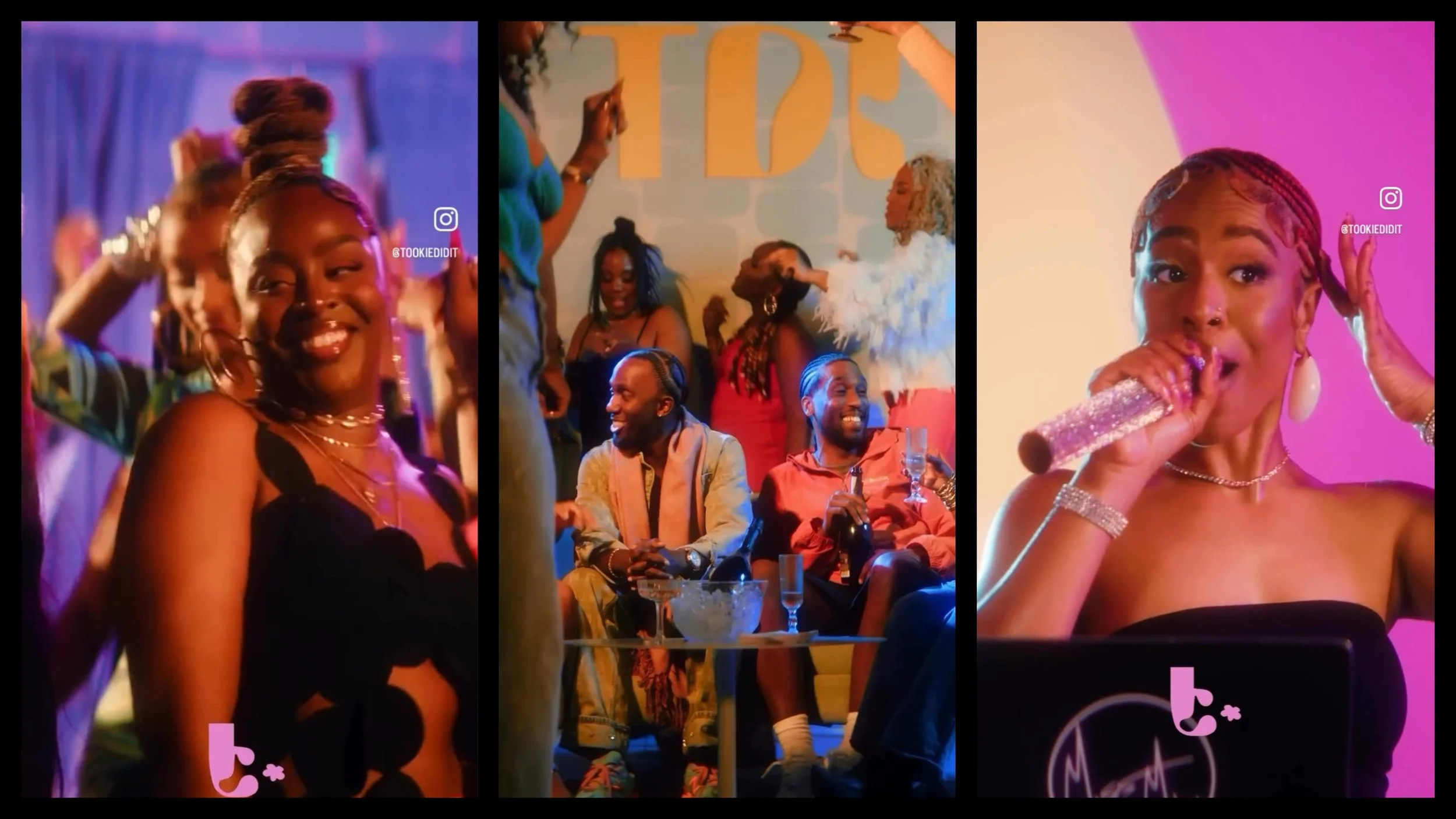 Group of people at a lively party or gathering, with women dancing and singing into microphones, others smiling and socializing, colorful lighting, and party decorations. Filmed at StuSpaceLA studios in Los Angeles
