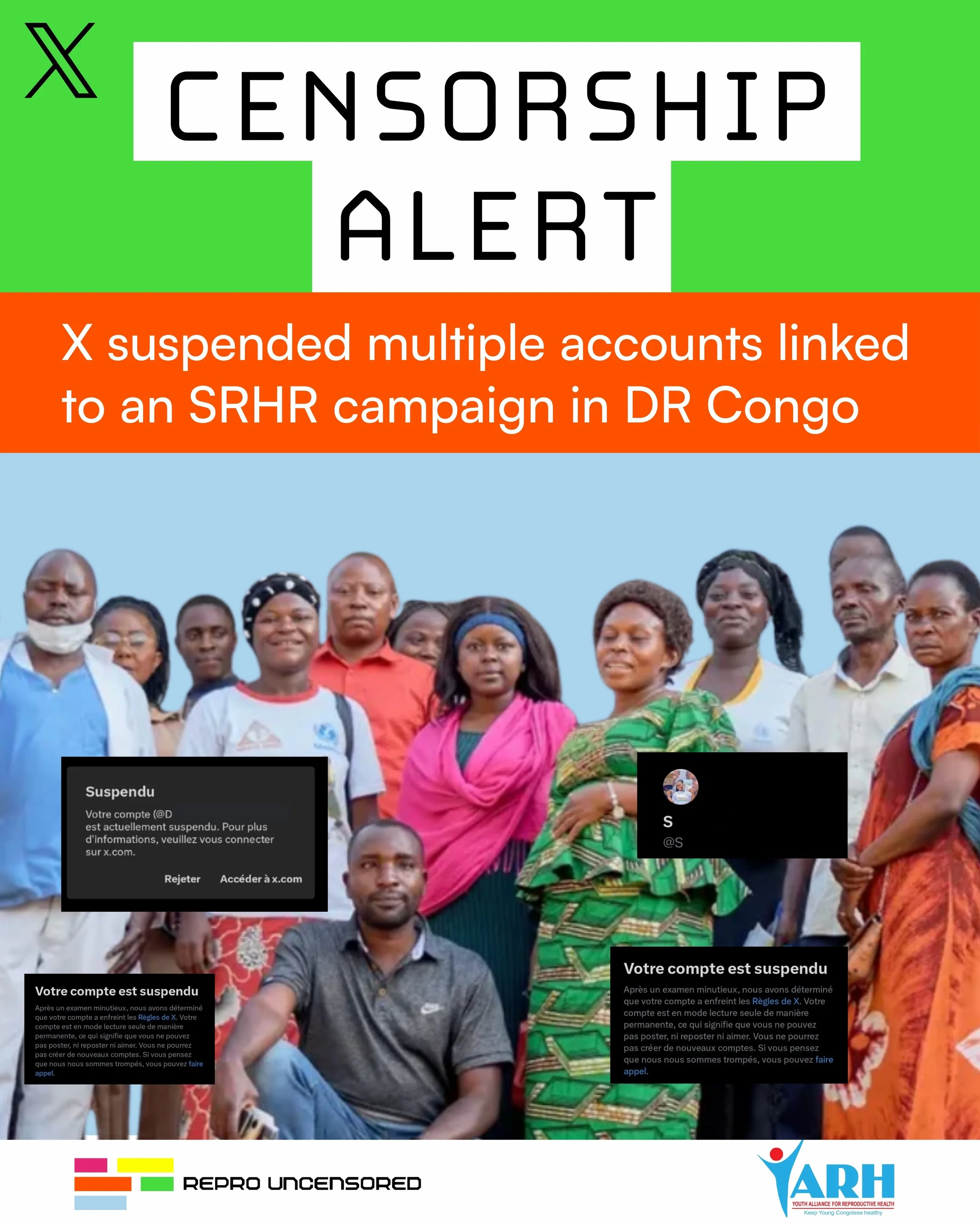 X suspended multiple accounts linked to an SRHR campaign in DR Congo
