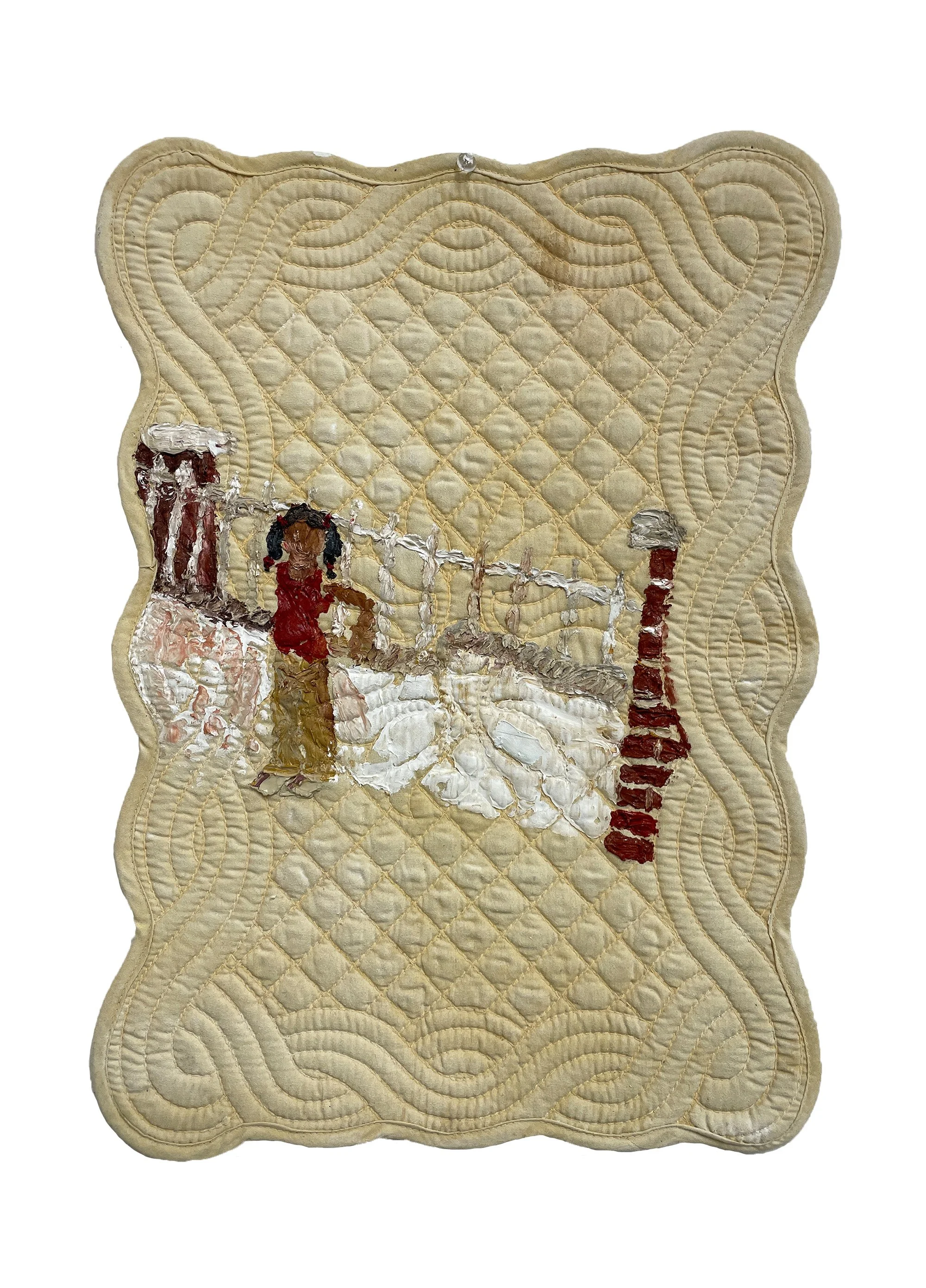 Mischa on Schenectady, 20in x 14in, oil on cotton placemat, 2023
