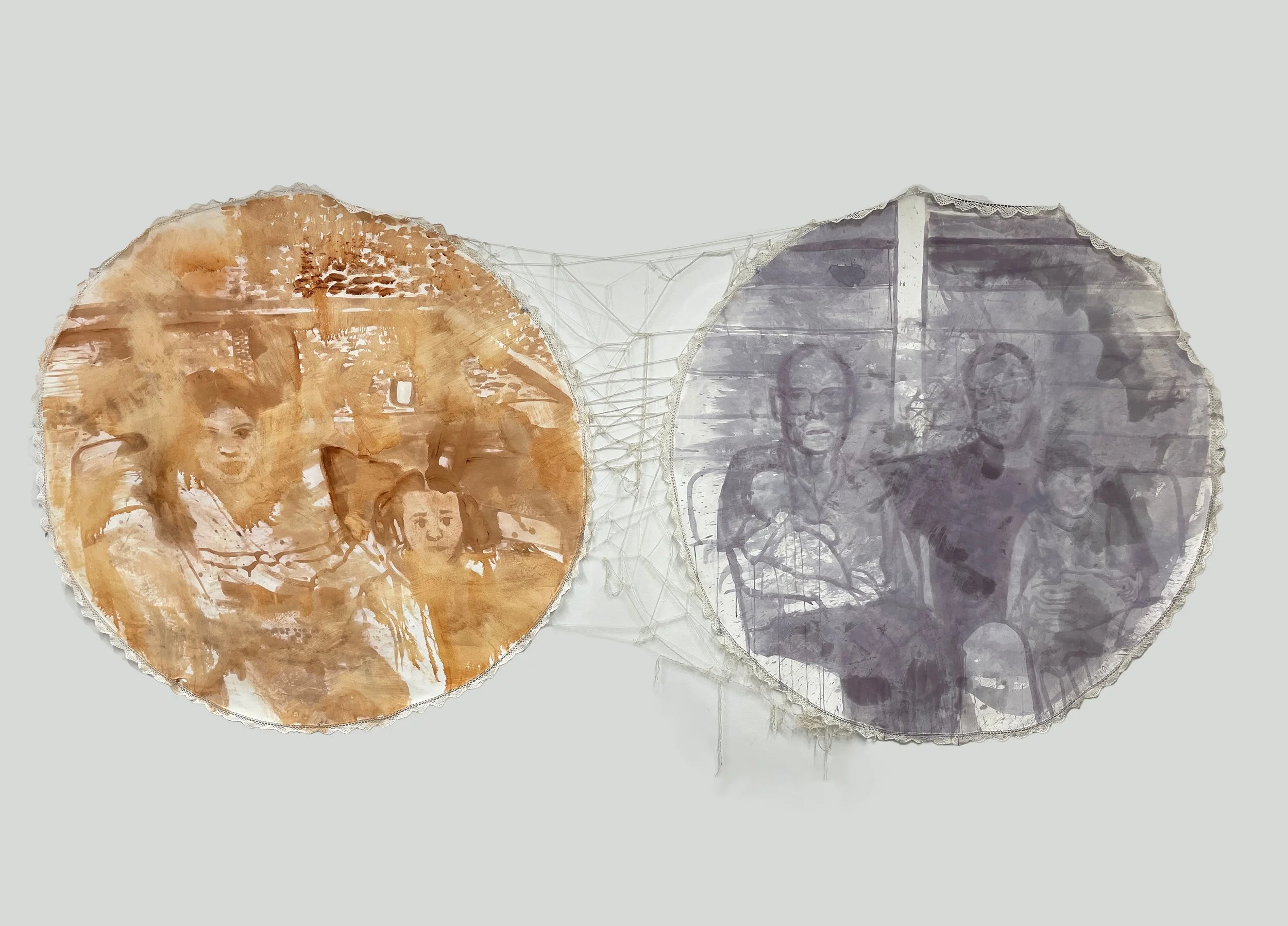 Corrode, Fade, Tethered, 68in x 68in each, 150in
, Motoroil, red ocher pigment, transmission fluid on cotton tablecloth, and Red wine on cotton tablecloth with cotton thread, 2023
