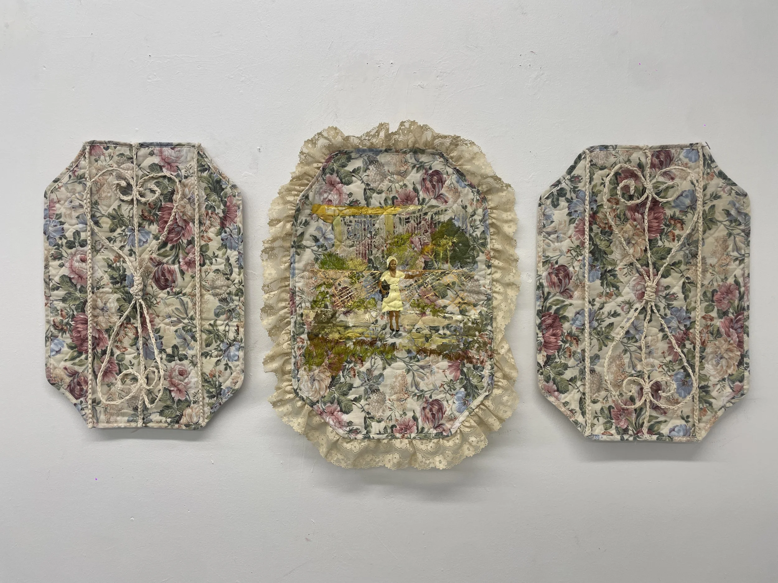 Matriarch, 20in x 40in, plant wire, crochet yarn and oil paint on three placemats, 2024