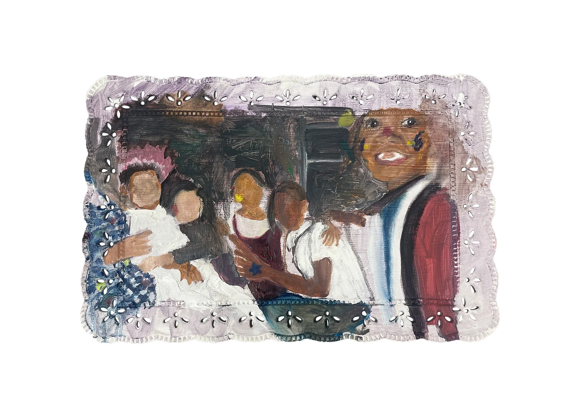 Friends are Family, 12in x 18in, oil on plastic placemat, 2023
