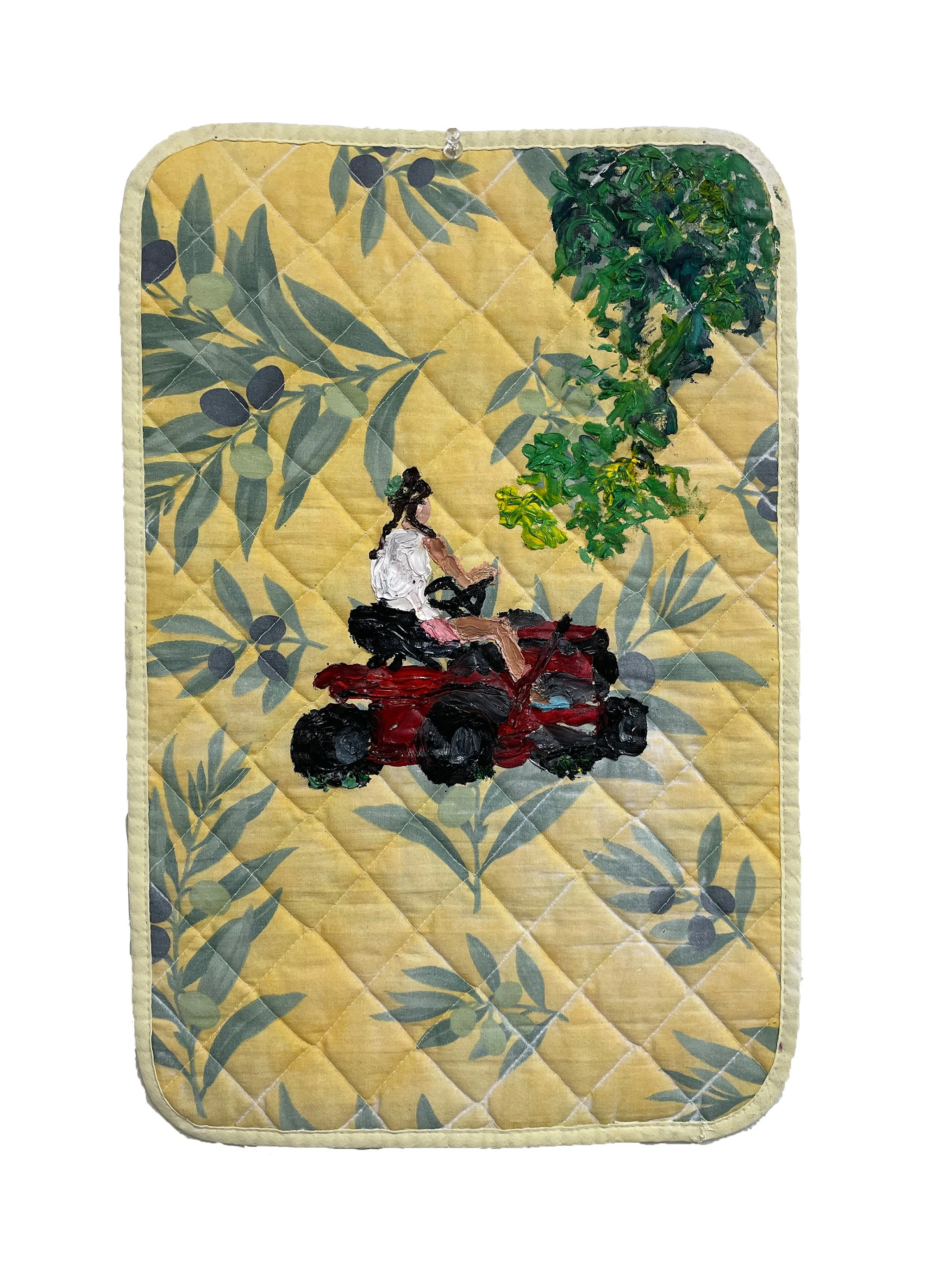 Hair half braided, in blue slippers cutting the grass near the mango trees, 20in x 14in, oil on cotton placemat, 2023
