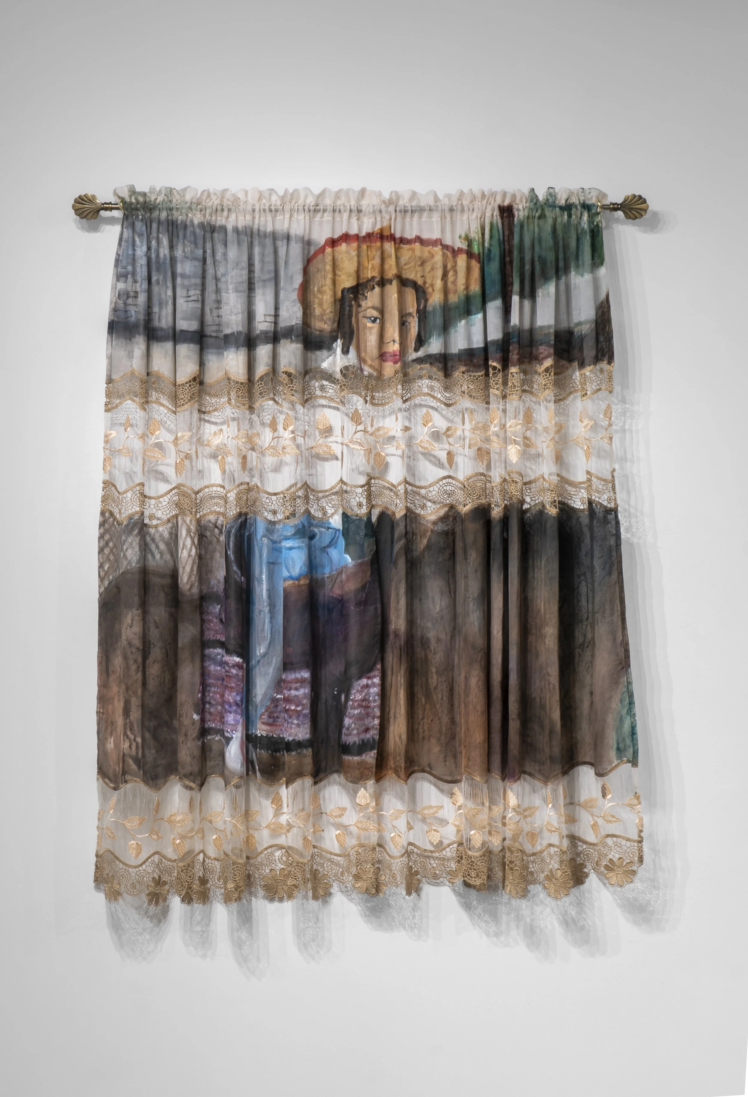 I Wanna Go Home, 66in x 58in, oil paint , thread, thrifted curtain and curtain rod, 2024