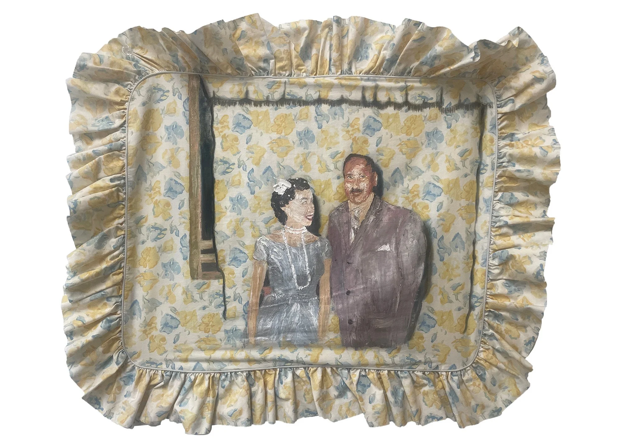 Enriqueta & Clement, 32in x 27in, oil on pillow sham, 2023
