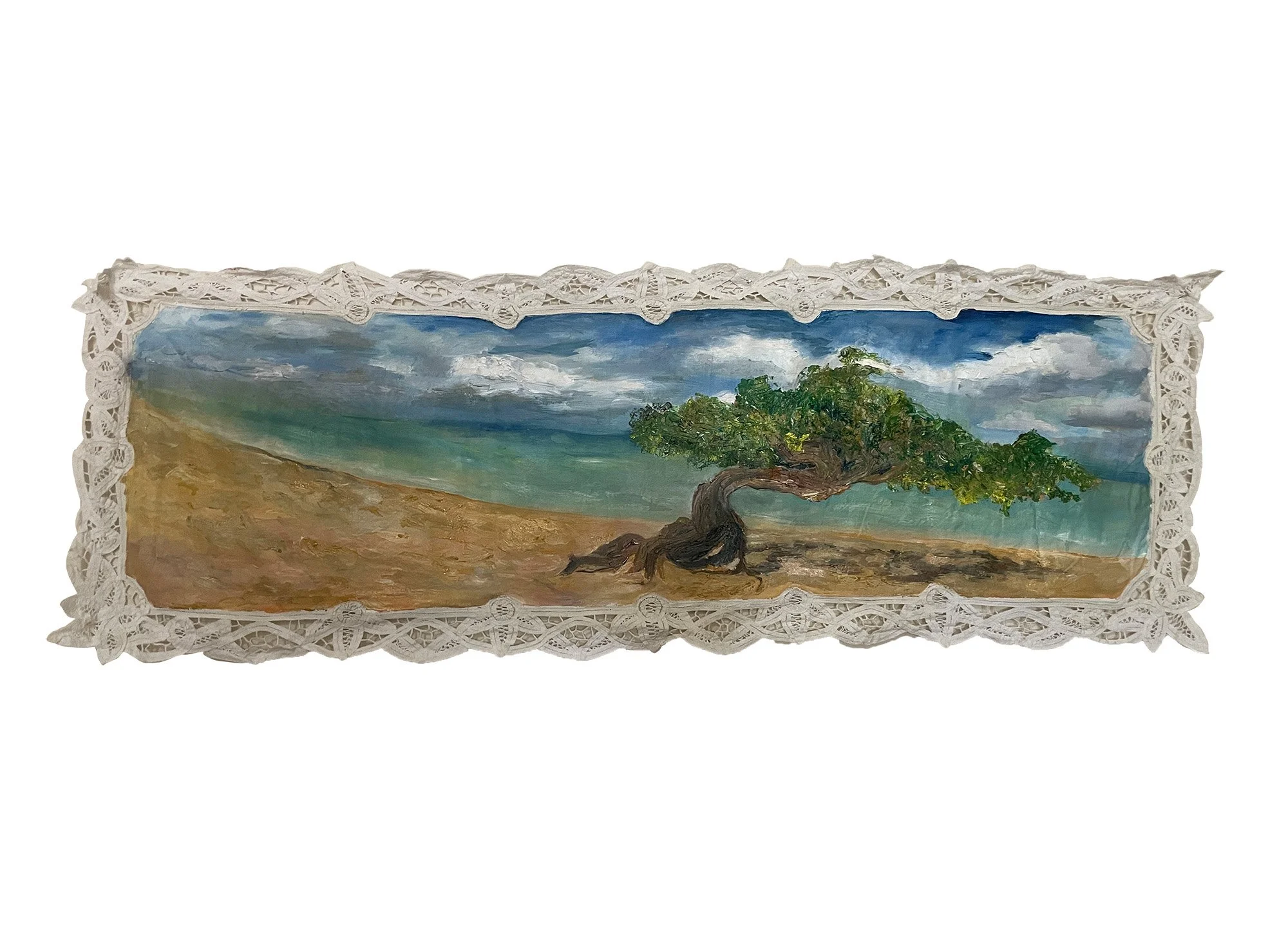 Fofoti, 55in x 15in, oil on battenberg lace cotton table runner, 2025        