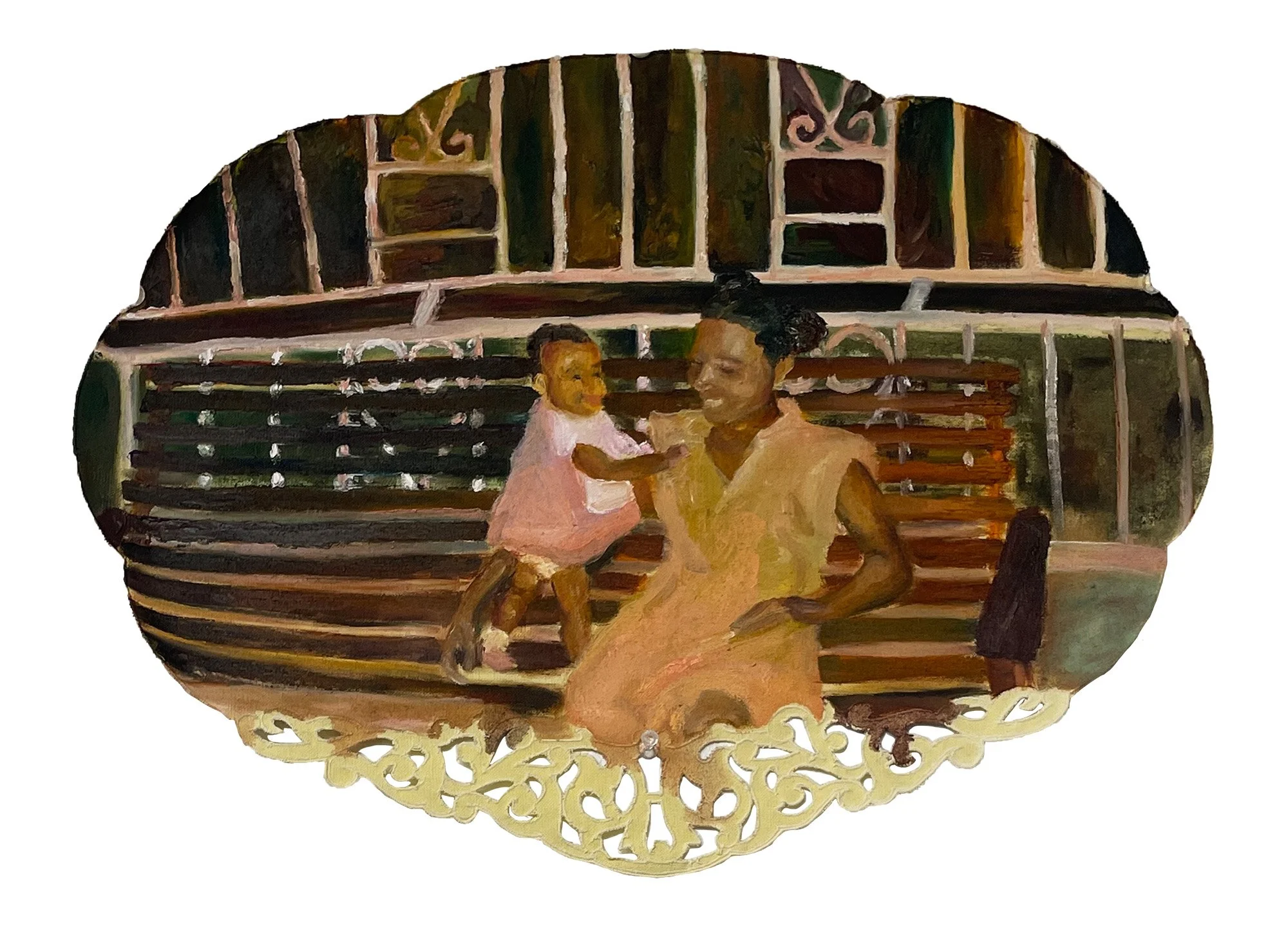 Mommy was an Auntie before a Mommy, 14in x 18in, oil on cotton placemat, 2023