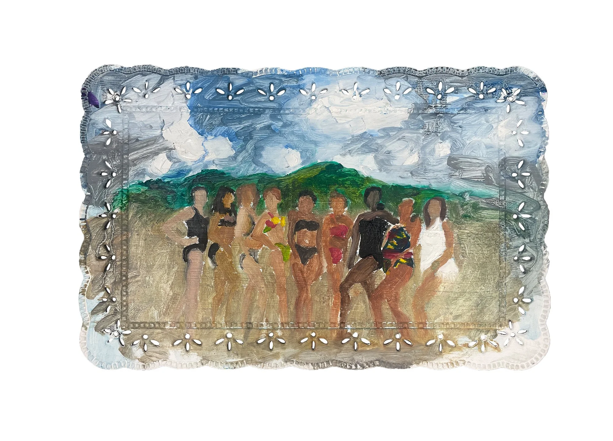 Ladies, 12in x 18in, oil on plastic placemat, 2023