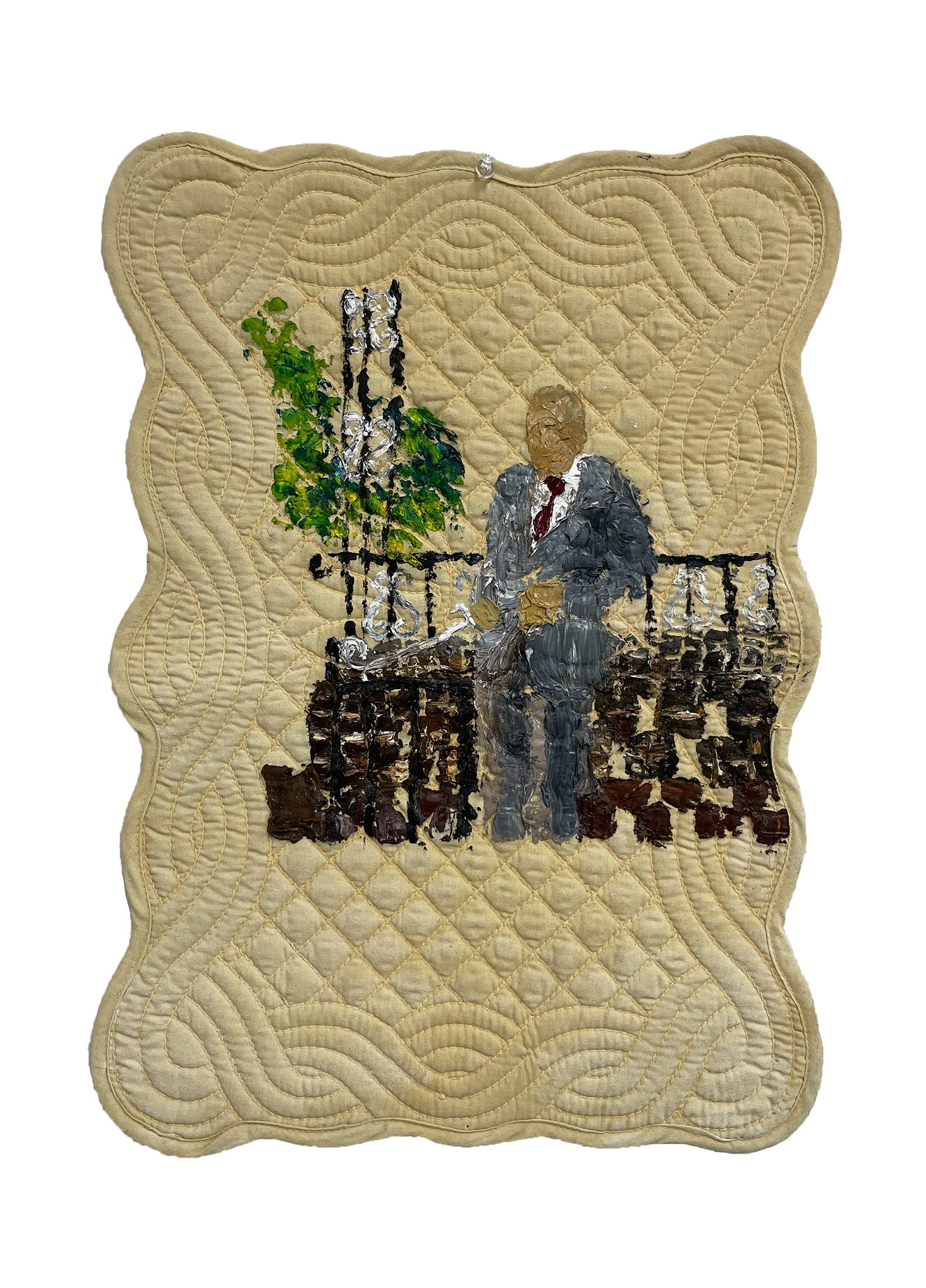 Grandpa on E 52nd, 20in x 14in, oil on cotton placemat, 2023