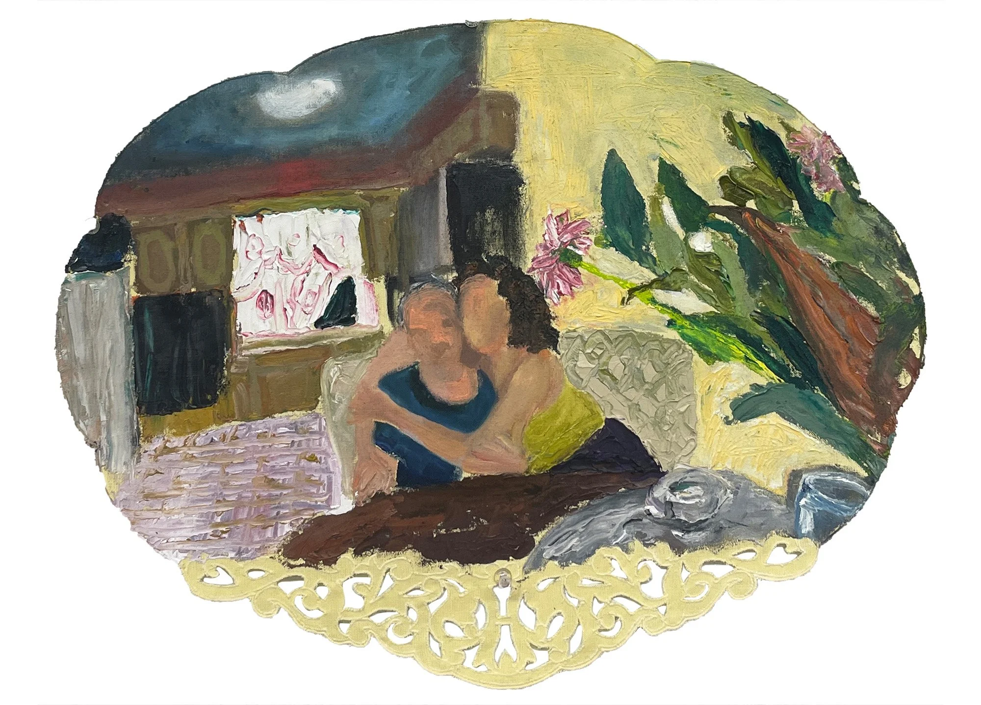 Hugging Grandma, 14in x 18in, oil on cotton placemat, 2023
