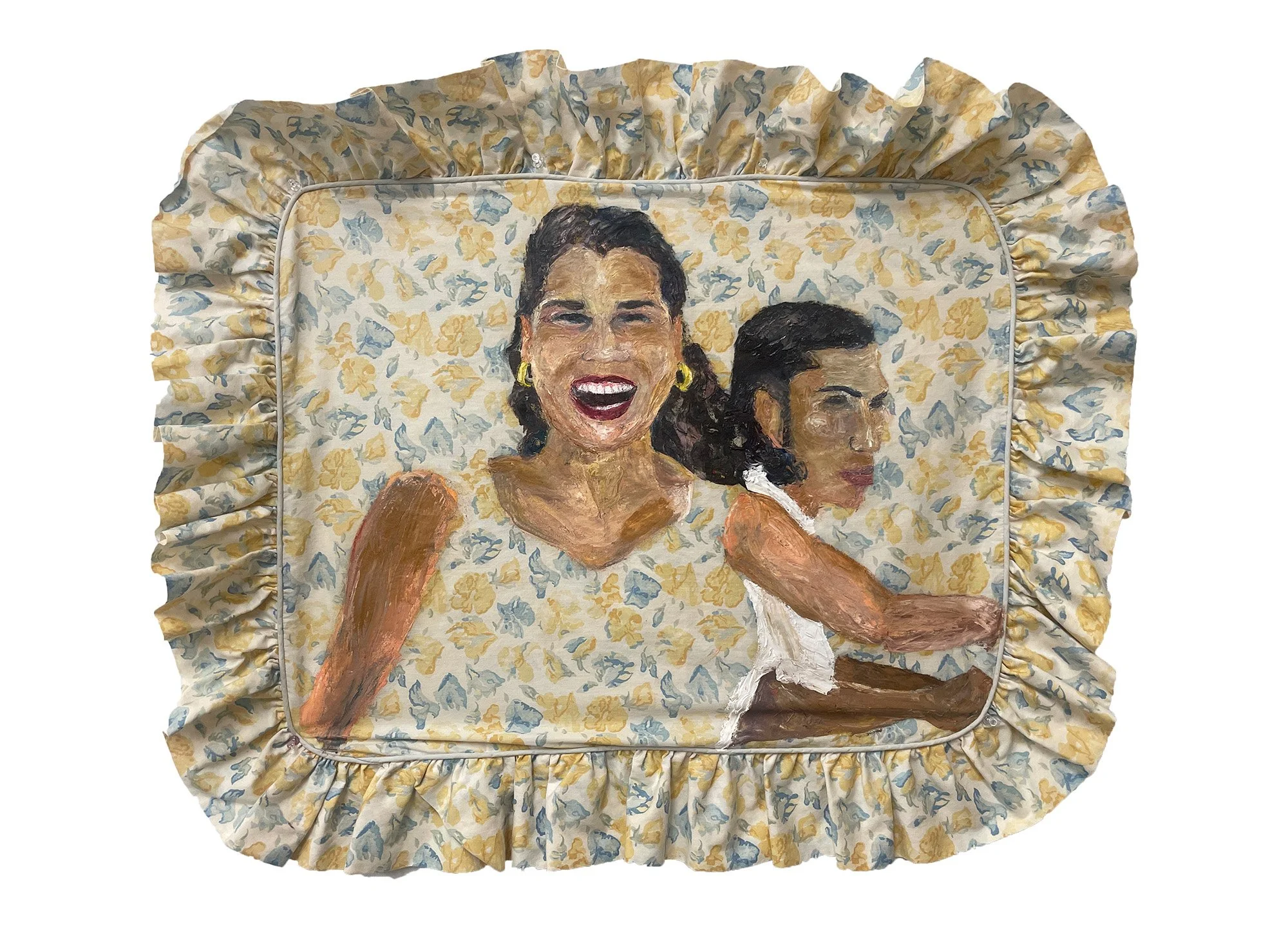 Valerie & Alex, 33in x 27in, oil on pillow sham, 2023