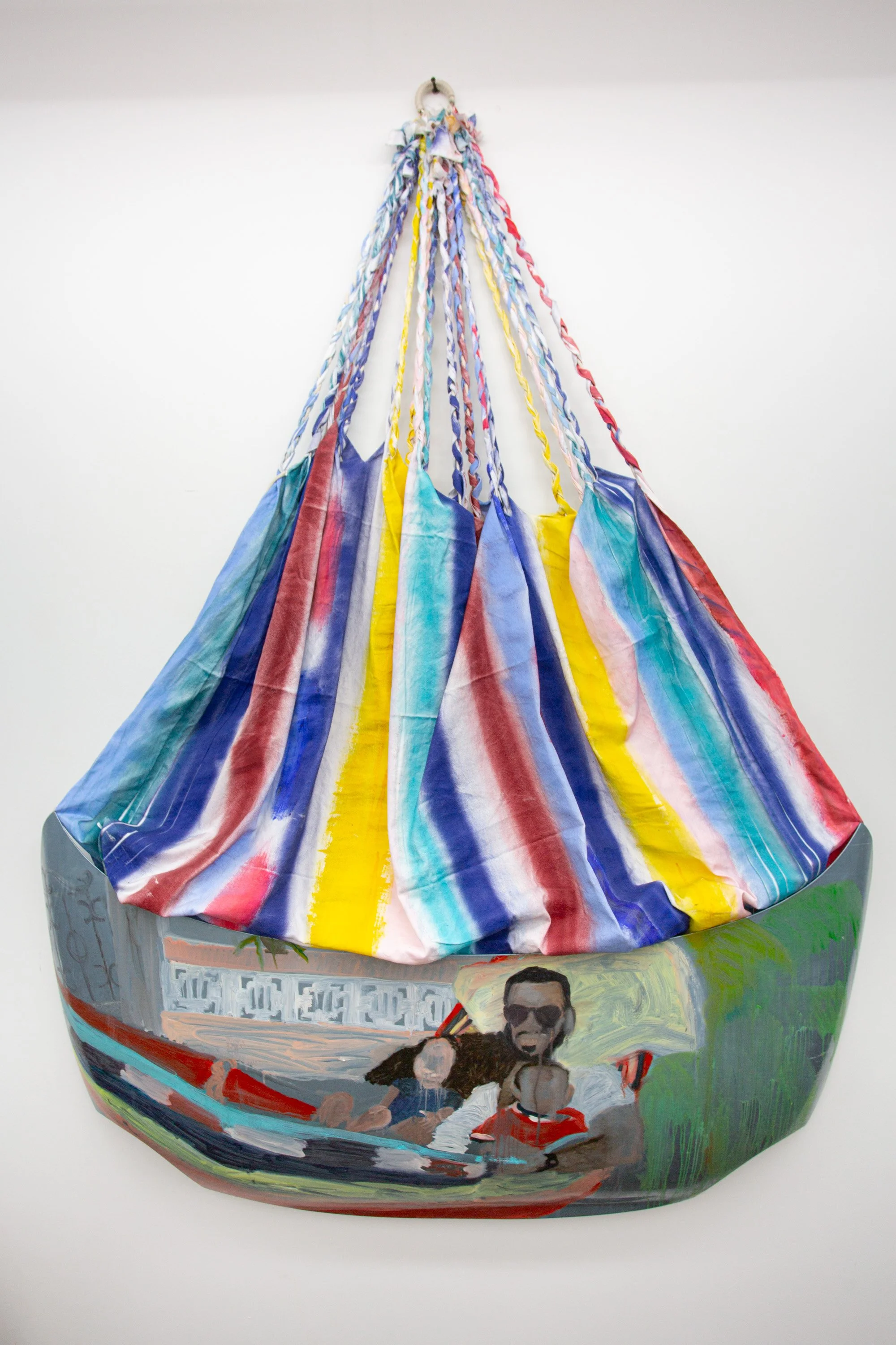 Hold me , 56in x 74in, acrylic on cotton bed sheet, oil paint on car hood, rope, 2023