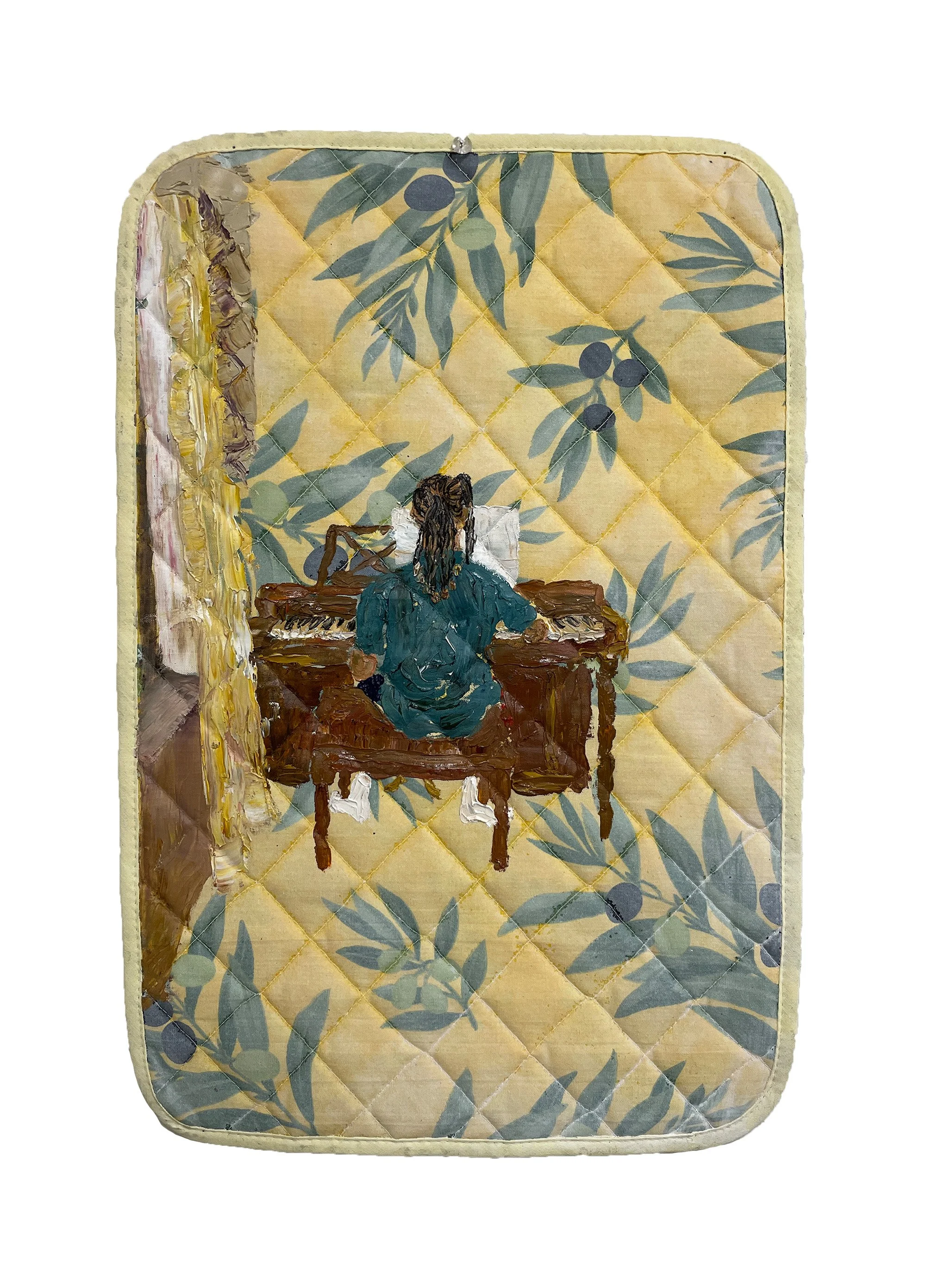 Cali after school practicing the keys before piano lesson, 20in x 14in, oil on cotton placemat, 2023

