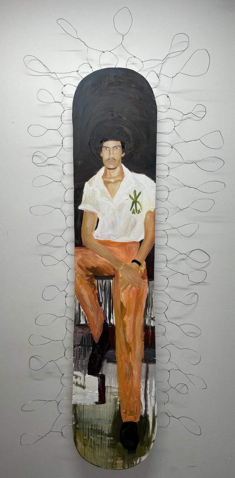 Post Up, 86in x 40in, metal wire , super glue, and oil on shaped canvas, 2023