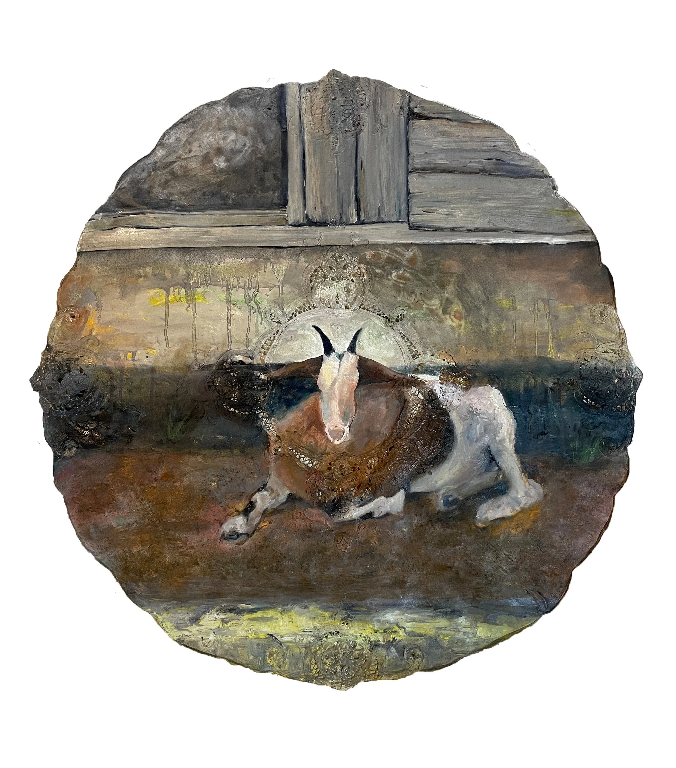 Nanny, 34in x 34in, oil on tablecloth, Ink and oil paint on tablecloth, 2025 
