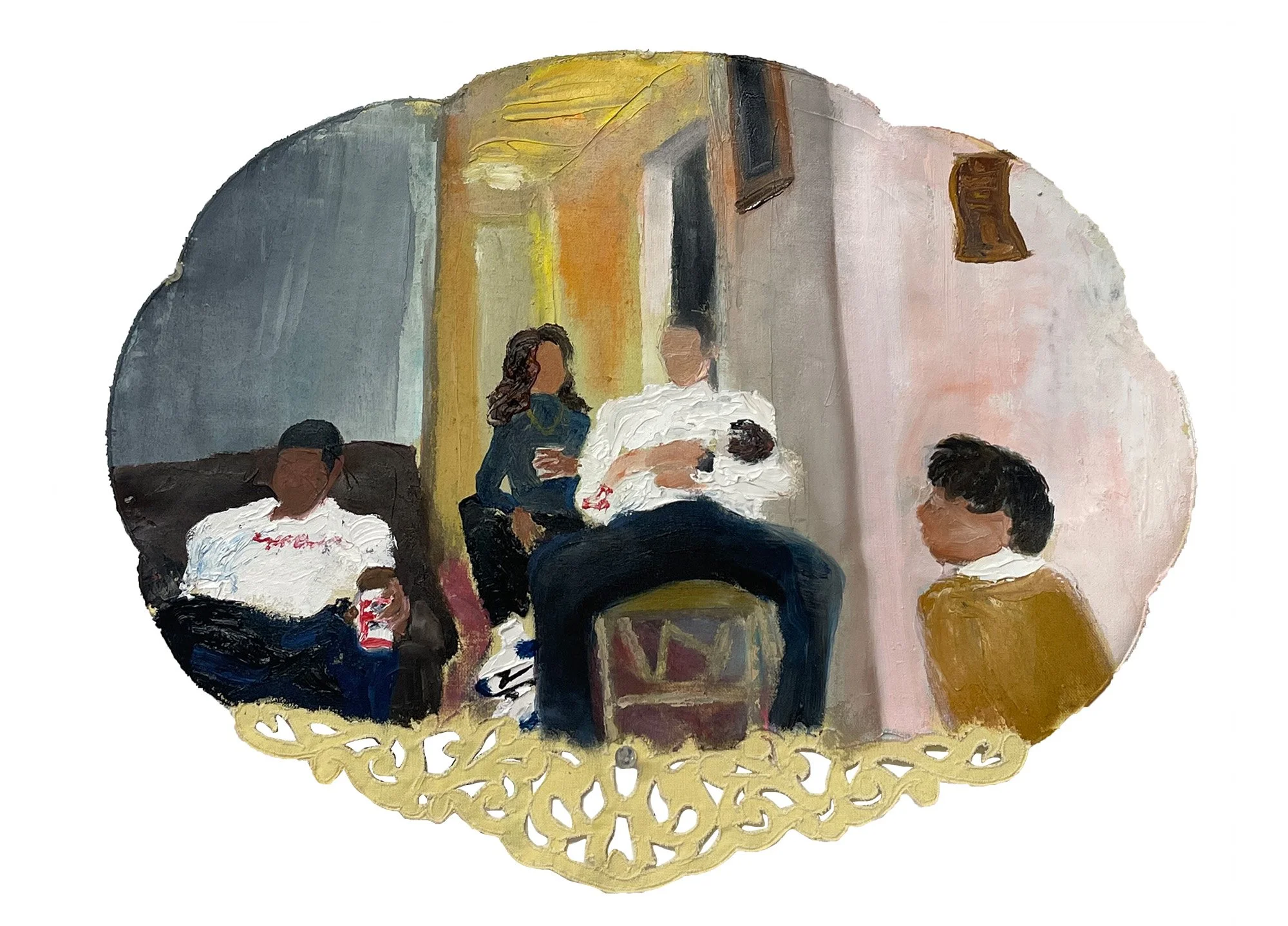 In All Things Give Thanks, 14in x 18in, oil on cotton placemat, 2023