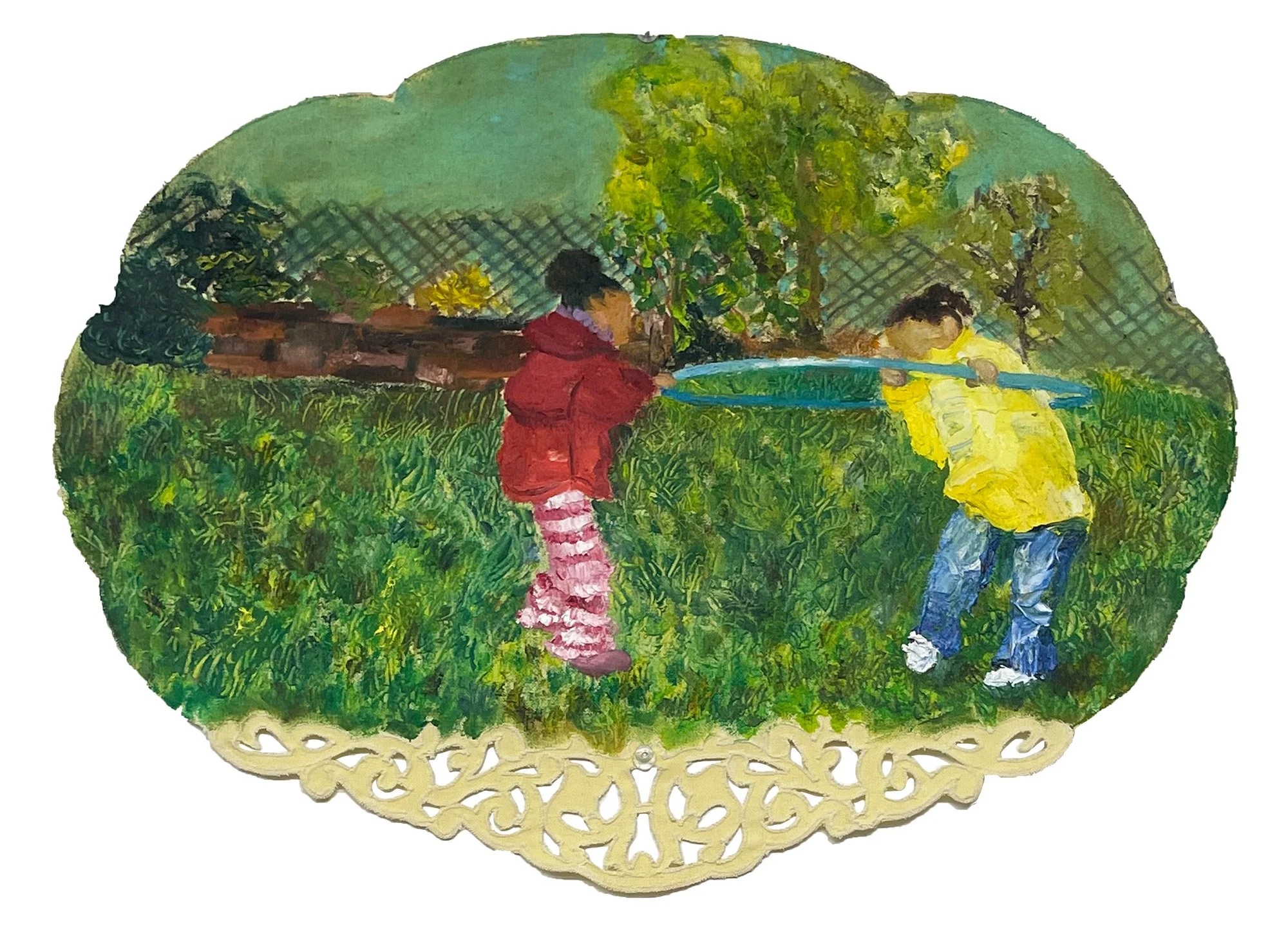 No beginning no end, 14in x 18in, oil on cotton placemat, 2023