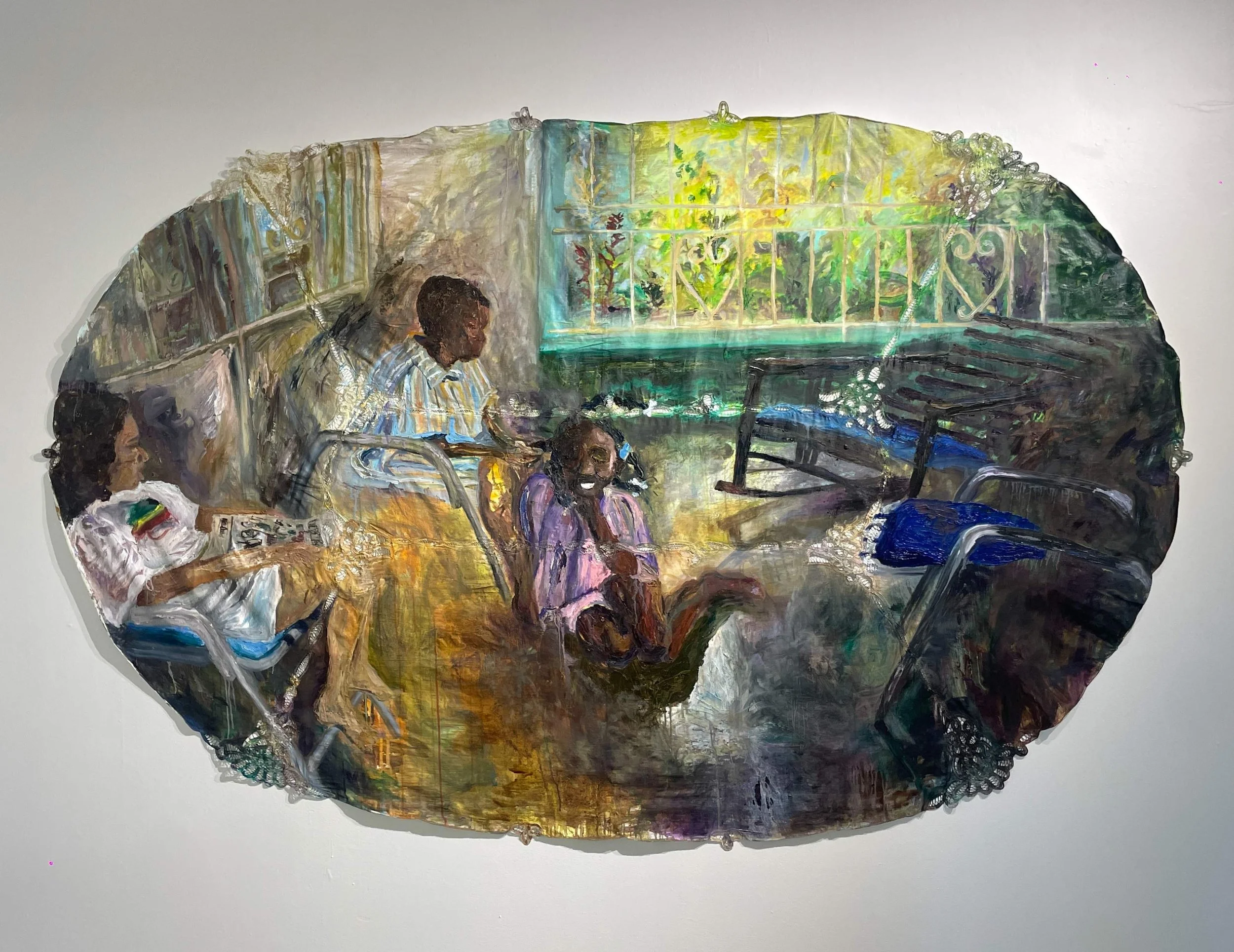Come (Let me comb your hair) , 107in x 70in, Ink and oil paint on tablecloth , 2025

