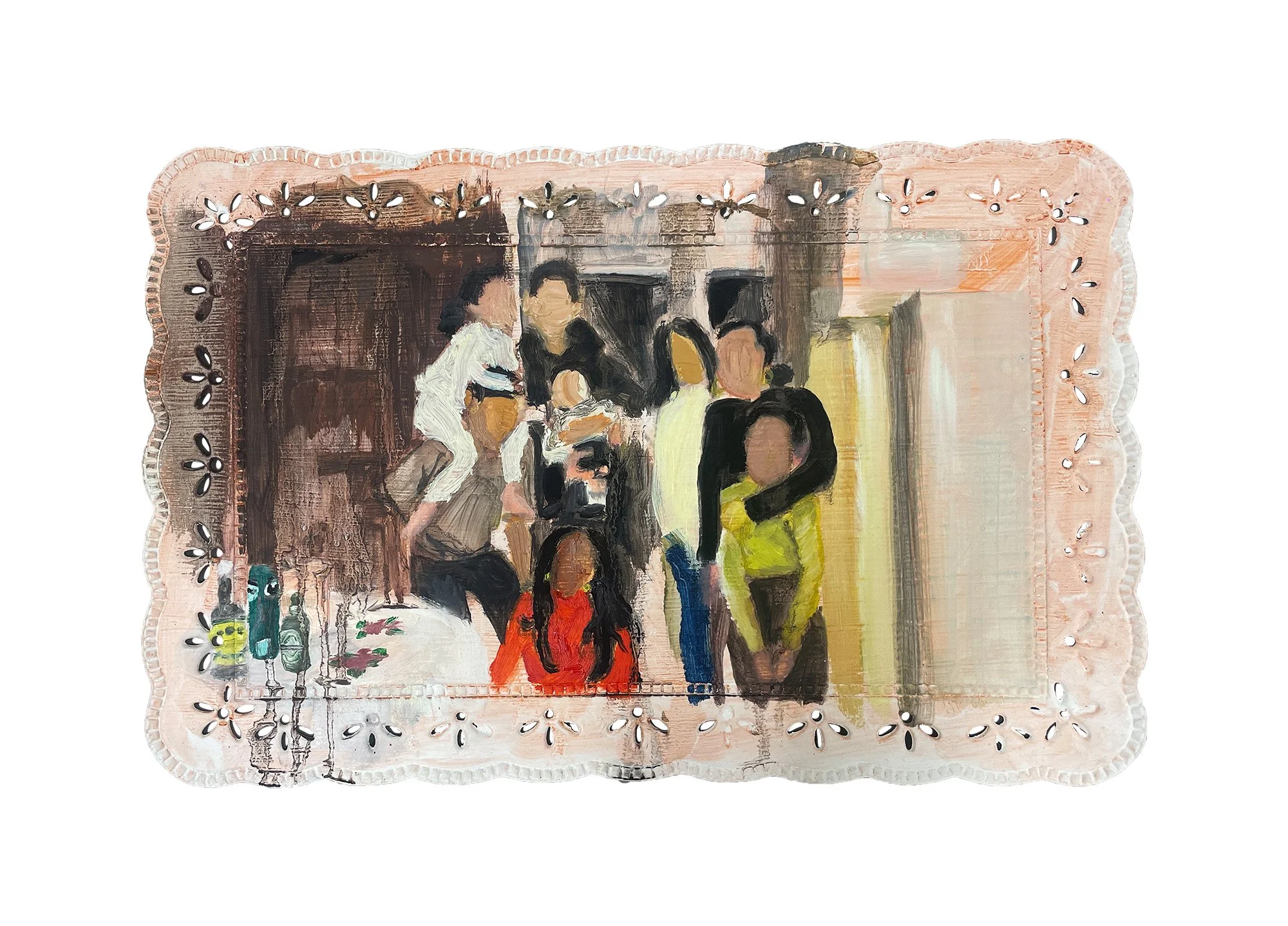 Cousins, 12in x 18in, oil on plastic placemat, 2023