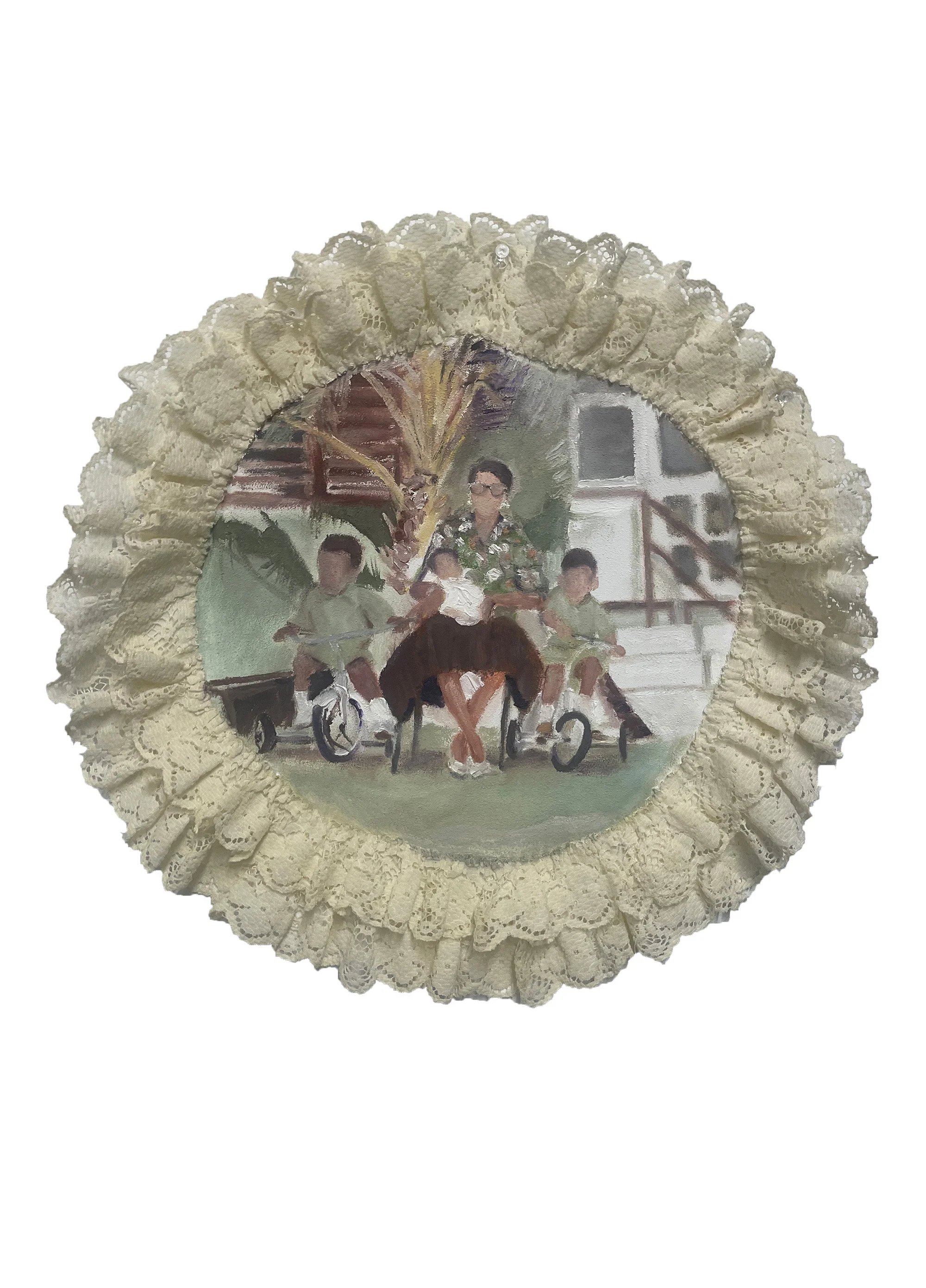 Oranjestad, 16in x 16in, oil paint and acrylic gesso, on cotton doily, 2023