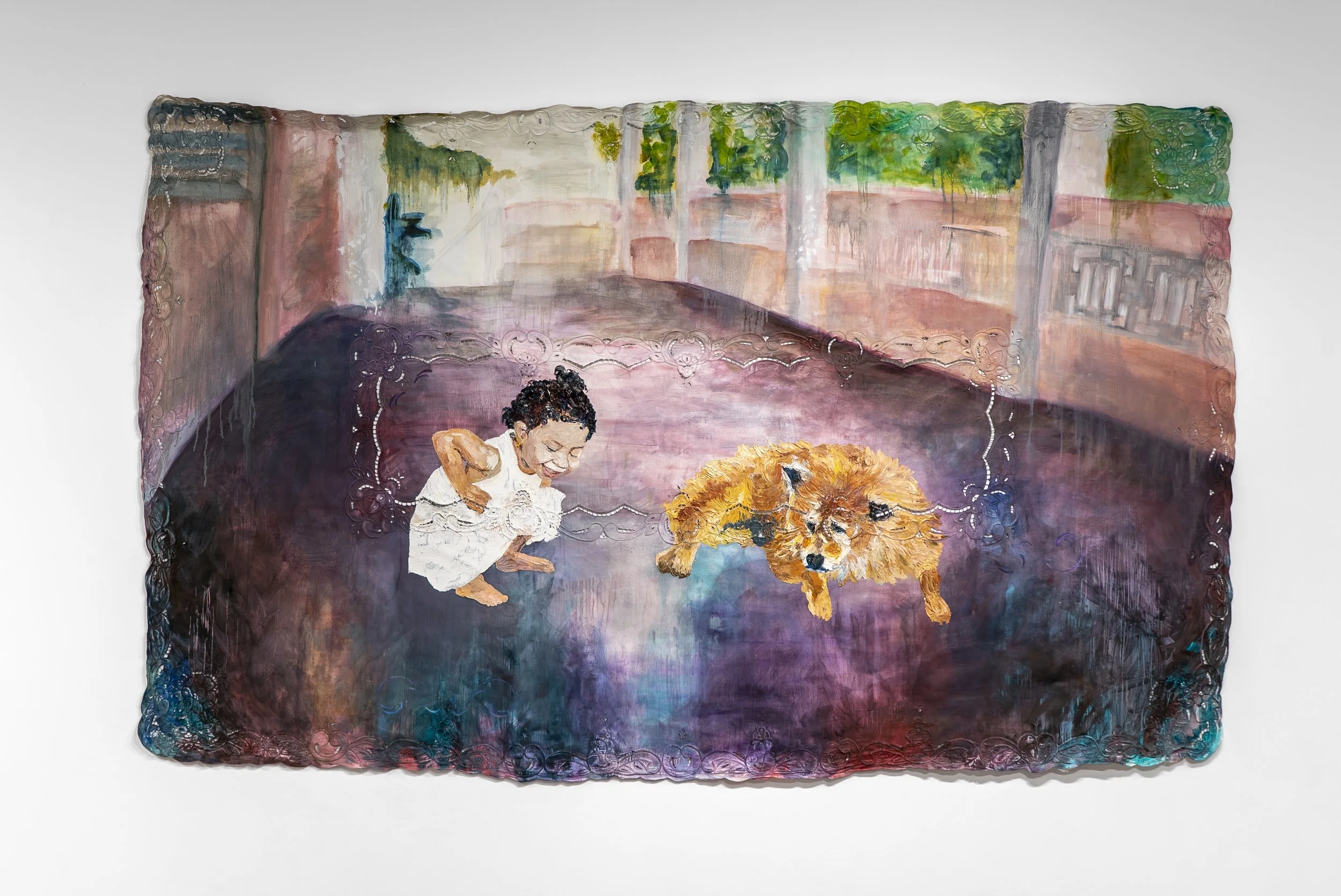 Imprint, 110in x 70in, watercolor, oil paint and oil pastel on cotton tablecloth, 2024